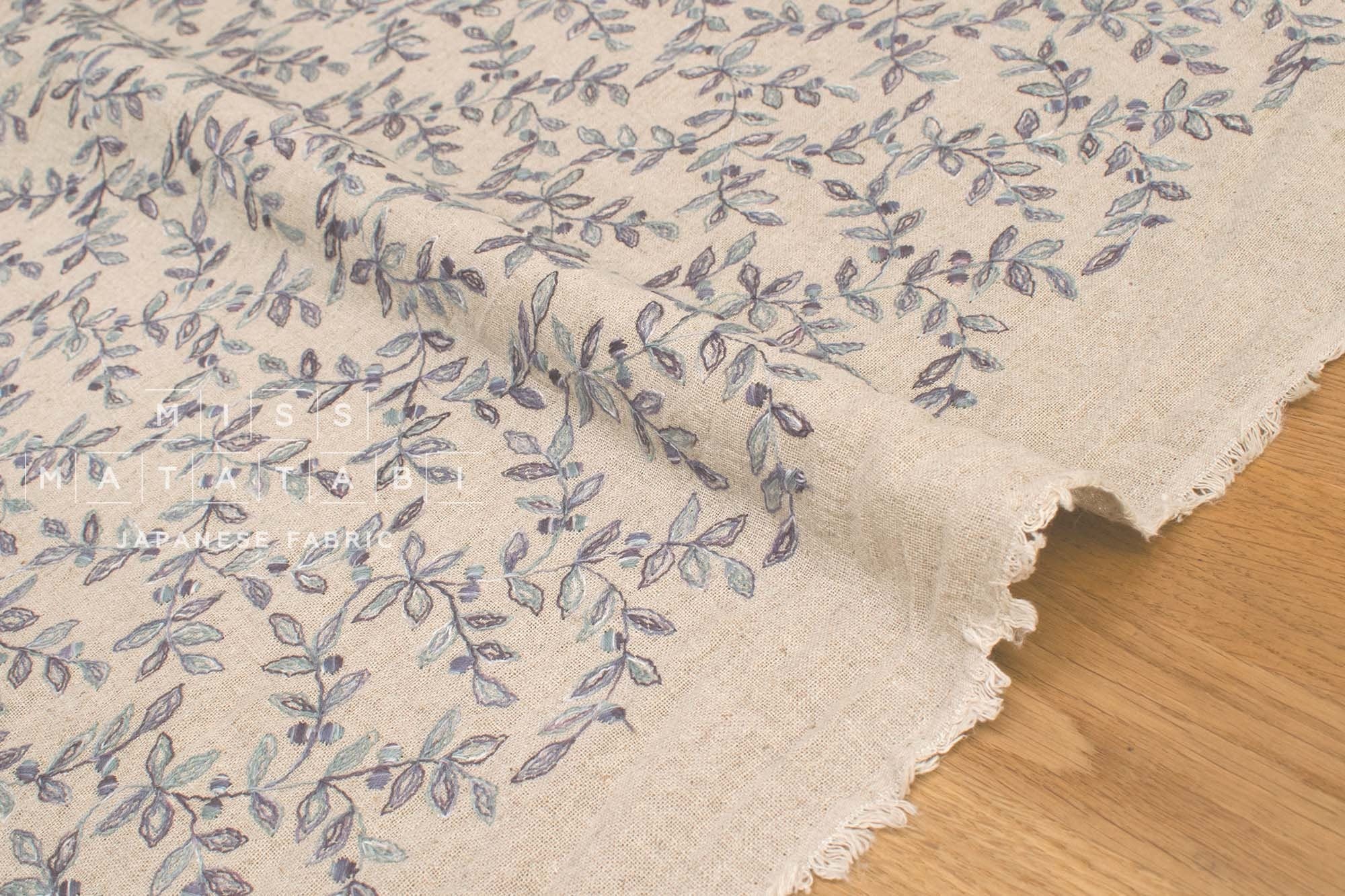 Japanese Fabric Shokunin Collection Yarn-Dyed Sun-Dried Kasuri Embroidered Linen Blend - eggplant, grey -  50cm