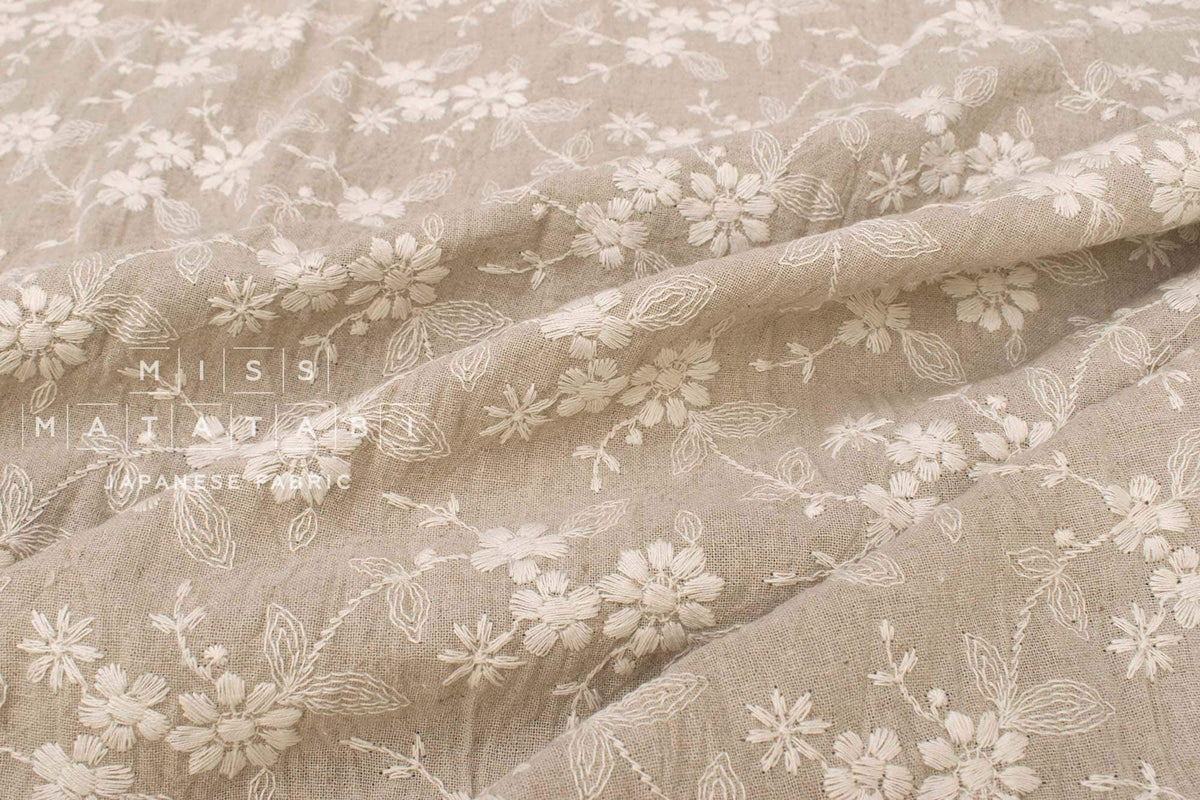 Japanese Fabric Shokunin Collection Sun-Dried Embroidered Linen Blend - natural -  50cm