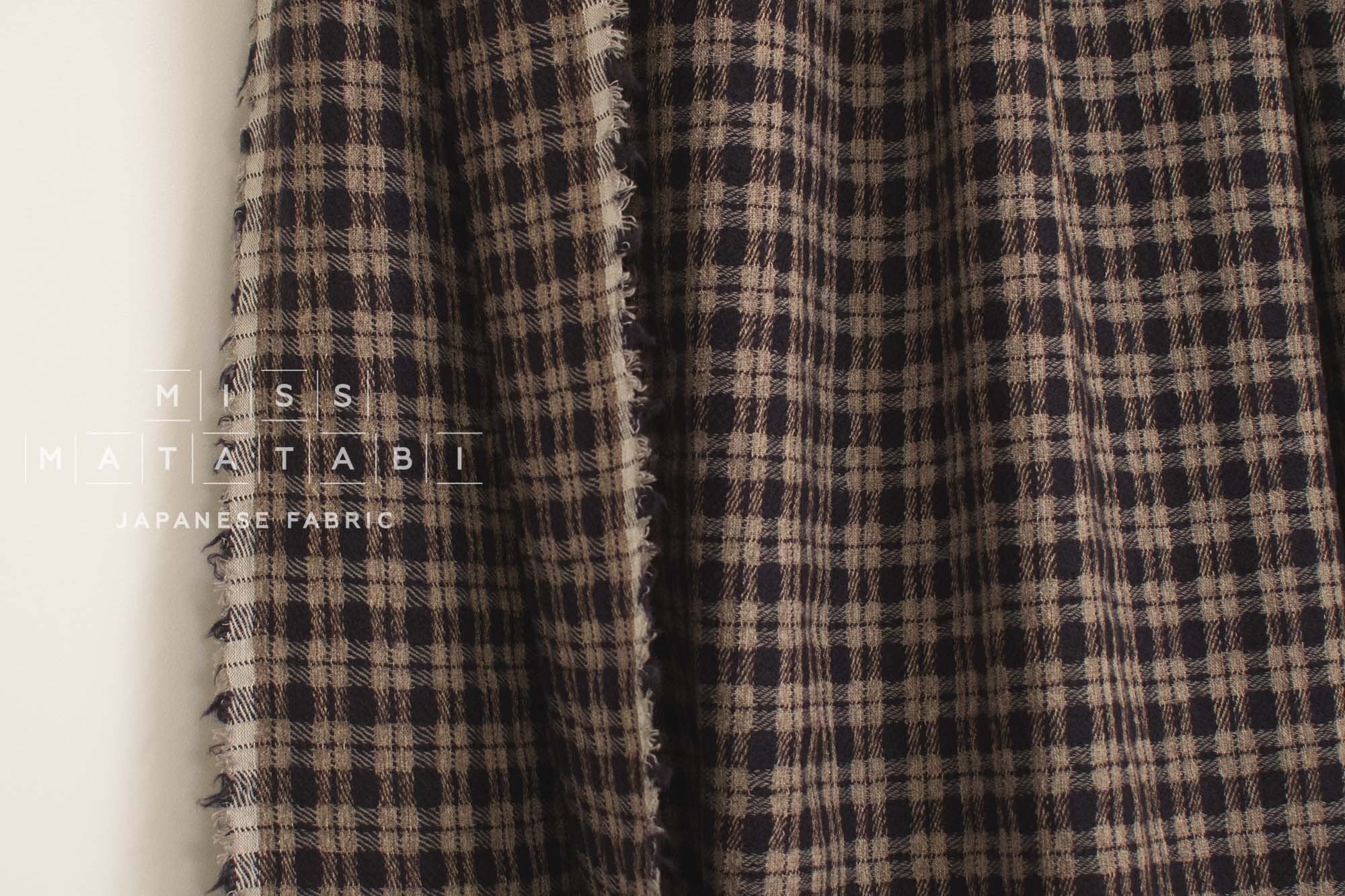 Japanese Fabric Shokunin Collection Yarn-Dyed Wool Cotton Plaid - dark eggplant - 50cm