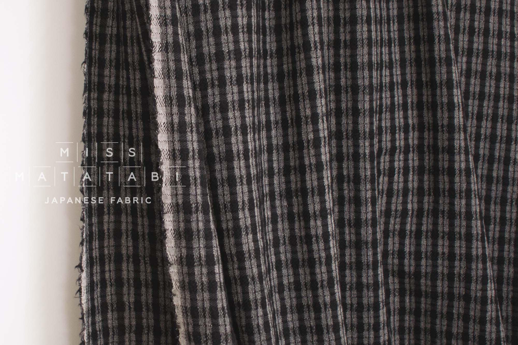 Japanese Fabric Shokunin Collection Yarn-Dyed Wool Cotton Plaid - black, grey - 50cm