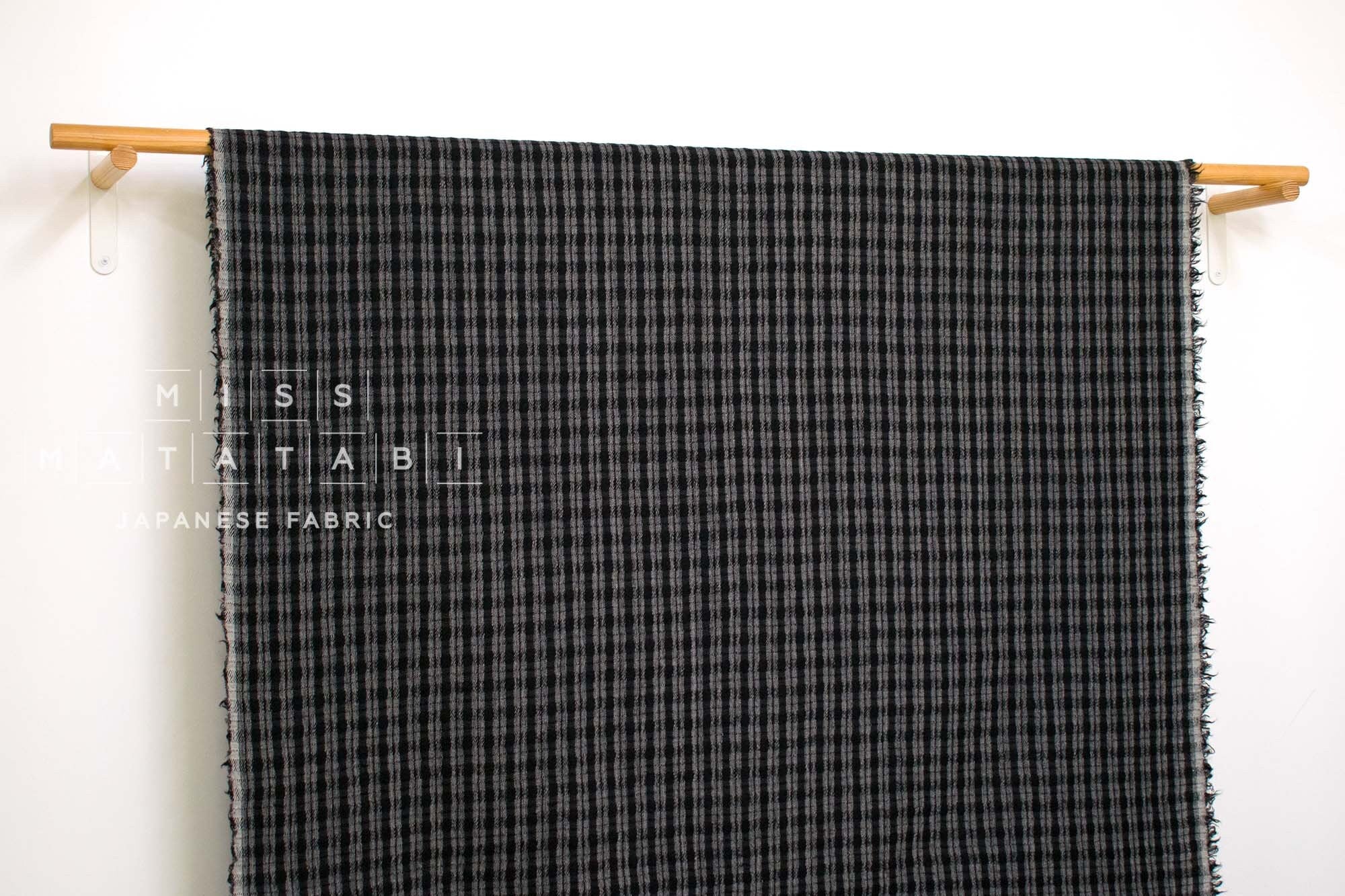 Japanese Fabric Shokunin Collection Yarn-Dyed Wool Cotton Plaid - black, grey - 50cm
