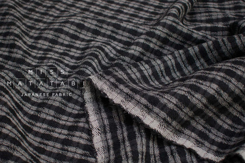 Japanese Fabric Shokunin Collection Yarn-Dyed Wool Cotton Plaid - black, grey - 50cm