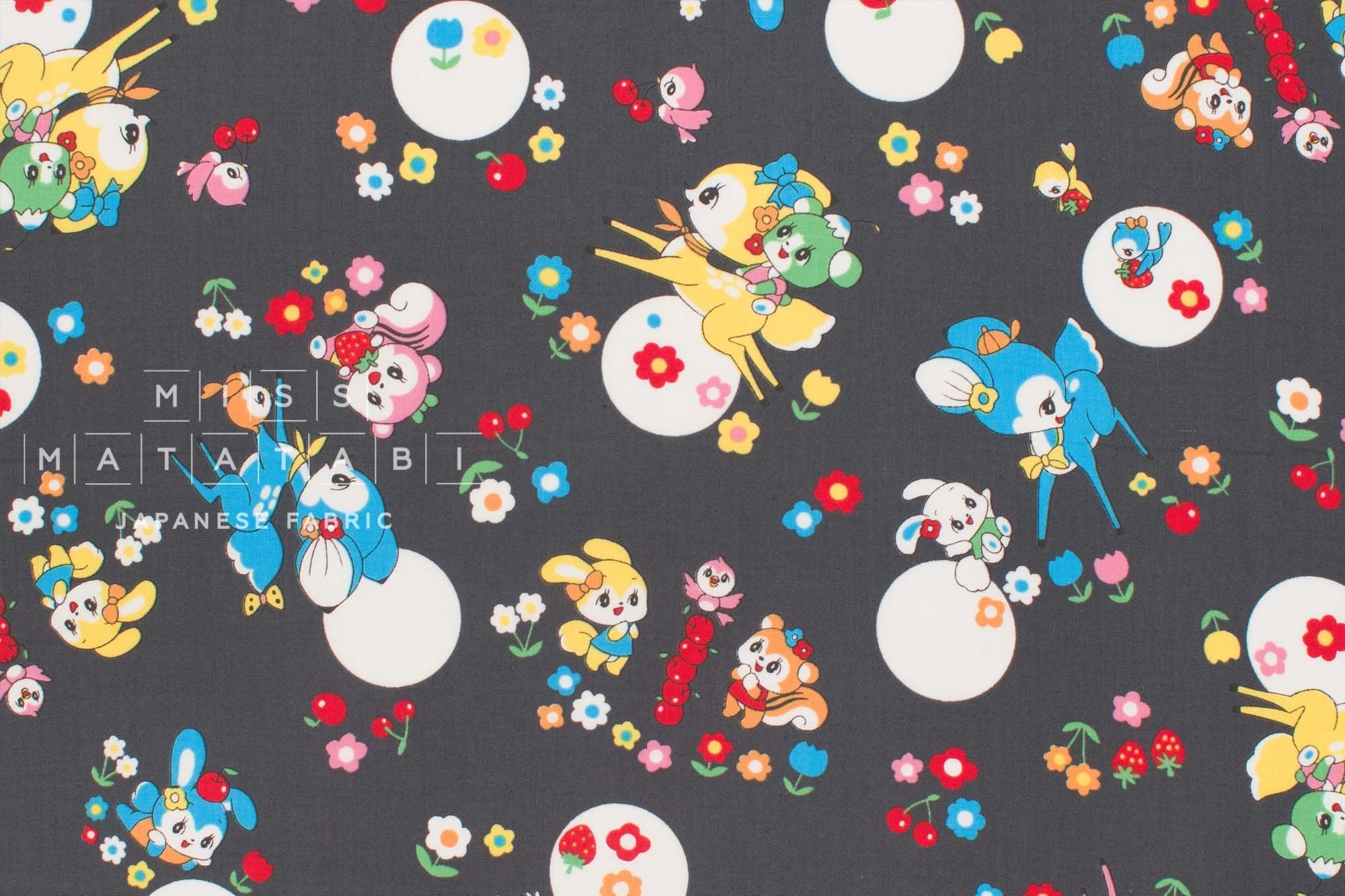 Japanese Fabric Retro Deer and Bunny - charcoal - 50cm