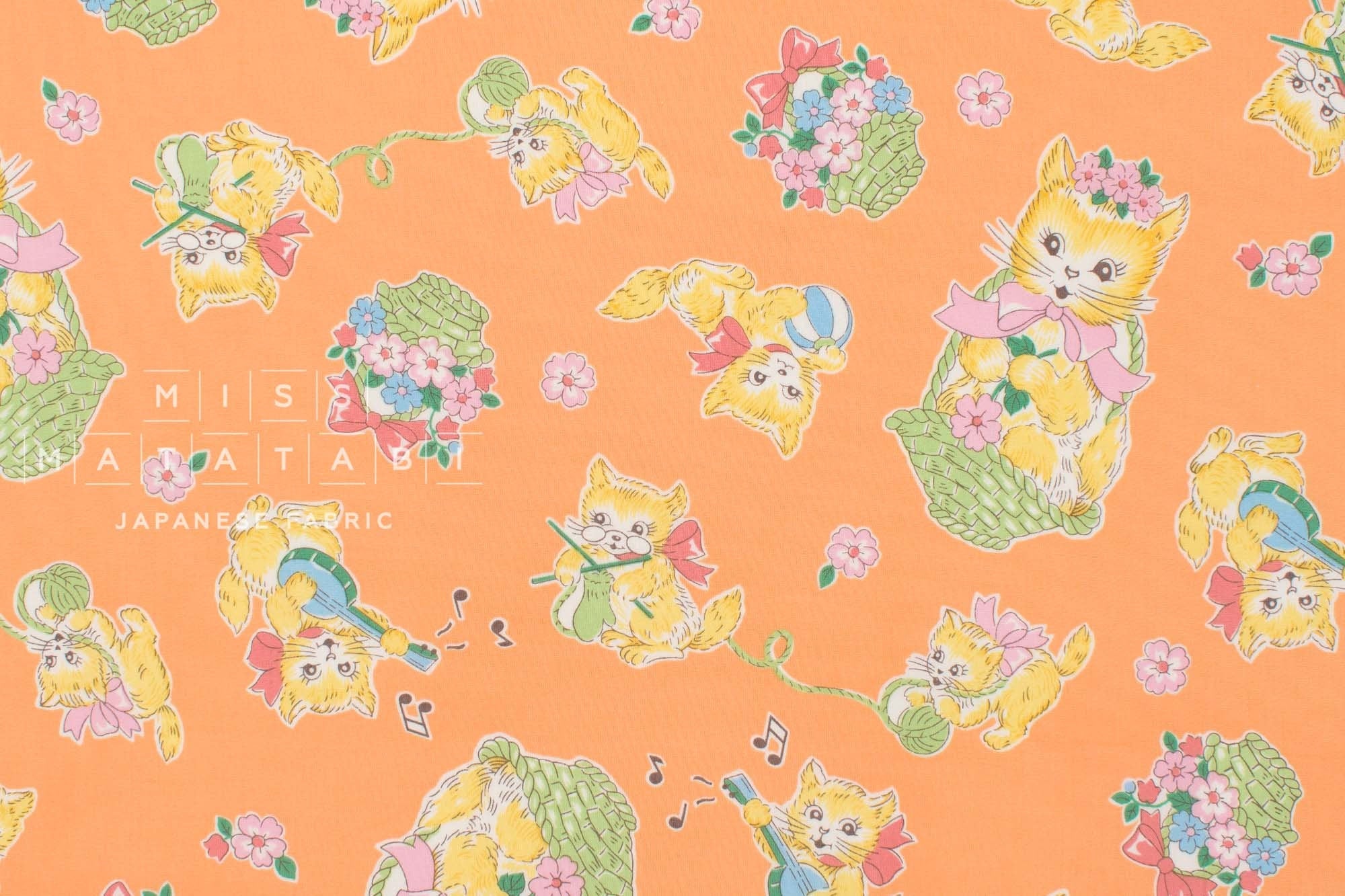 Japanese Fabric Retro Kittens In Baskets - orange - 50cm