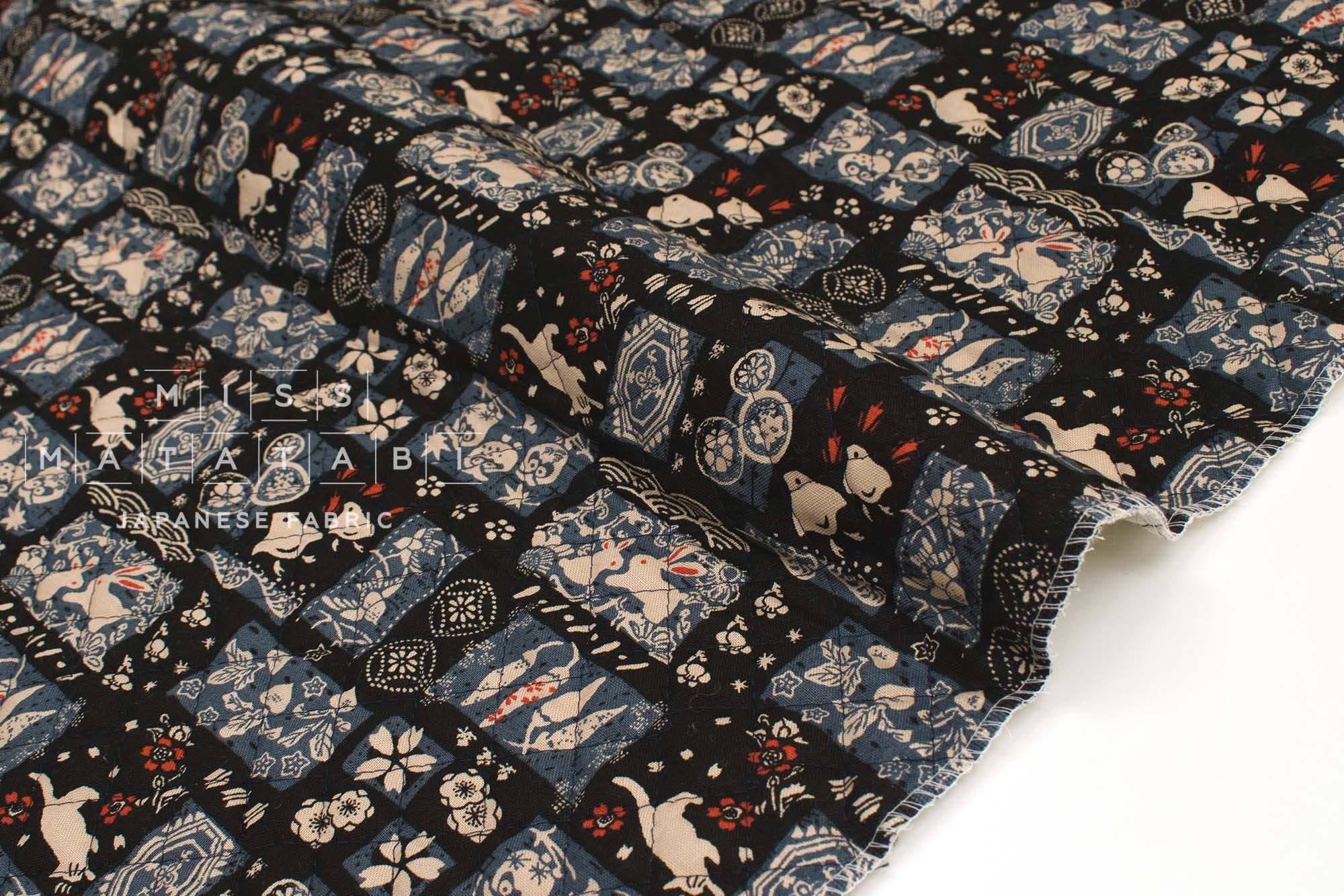 Japanese Quilted Cotton Wa Cats III - black, blue, grey - 50cm