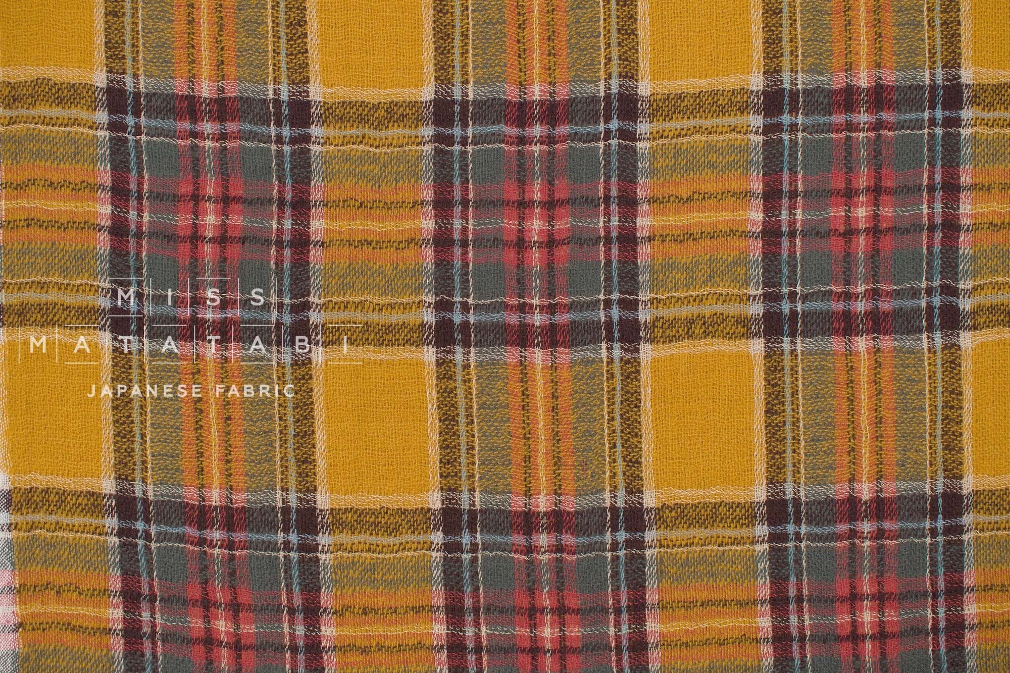 Japanese Fabric Shokunin Collection Yarn-Dyed Wool Tartan Plaid - dark mustard, green, red - 50cm