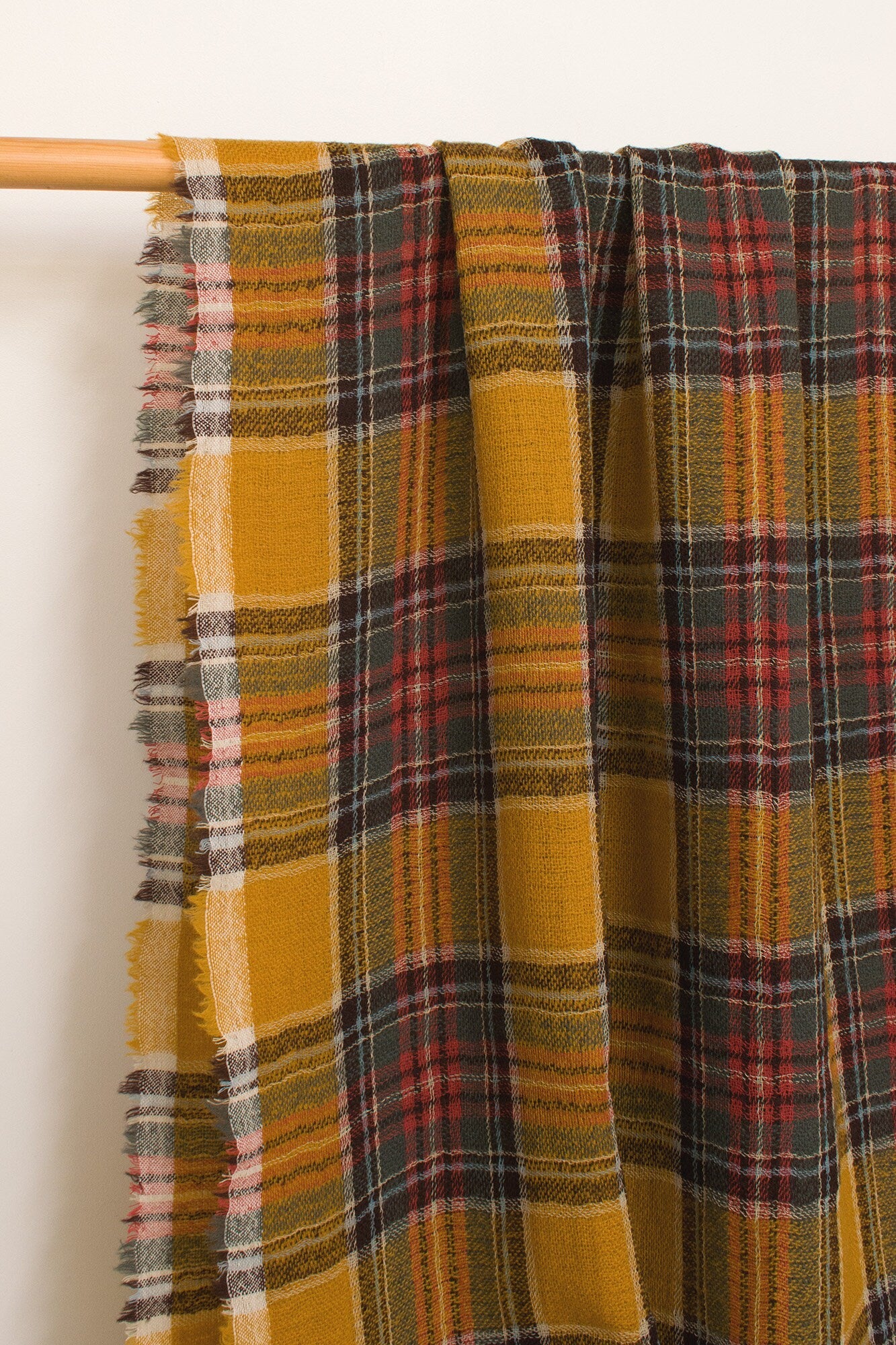 Japanese Fabric Shokunin Collection Yarn-Dyed Wool Tartan Plaid - dark mustard, green, red - 50cm