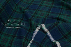 Japanese Fabric Shokunin Collection Yarn-Dyed Wool Tartan Plaid - Black Watch, navy blue, green - 50cm