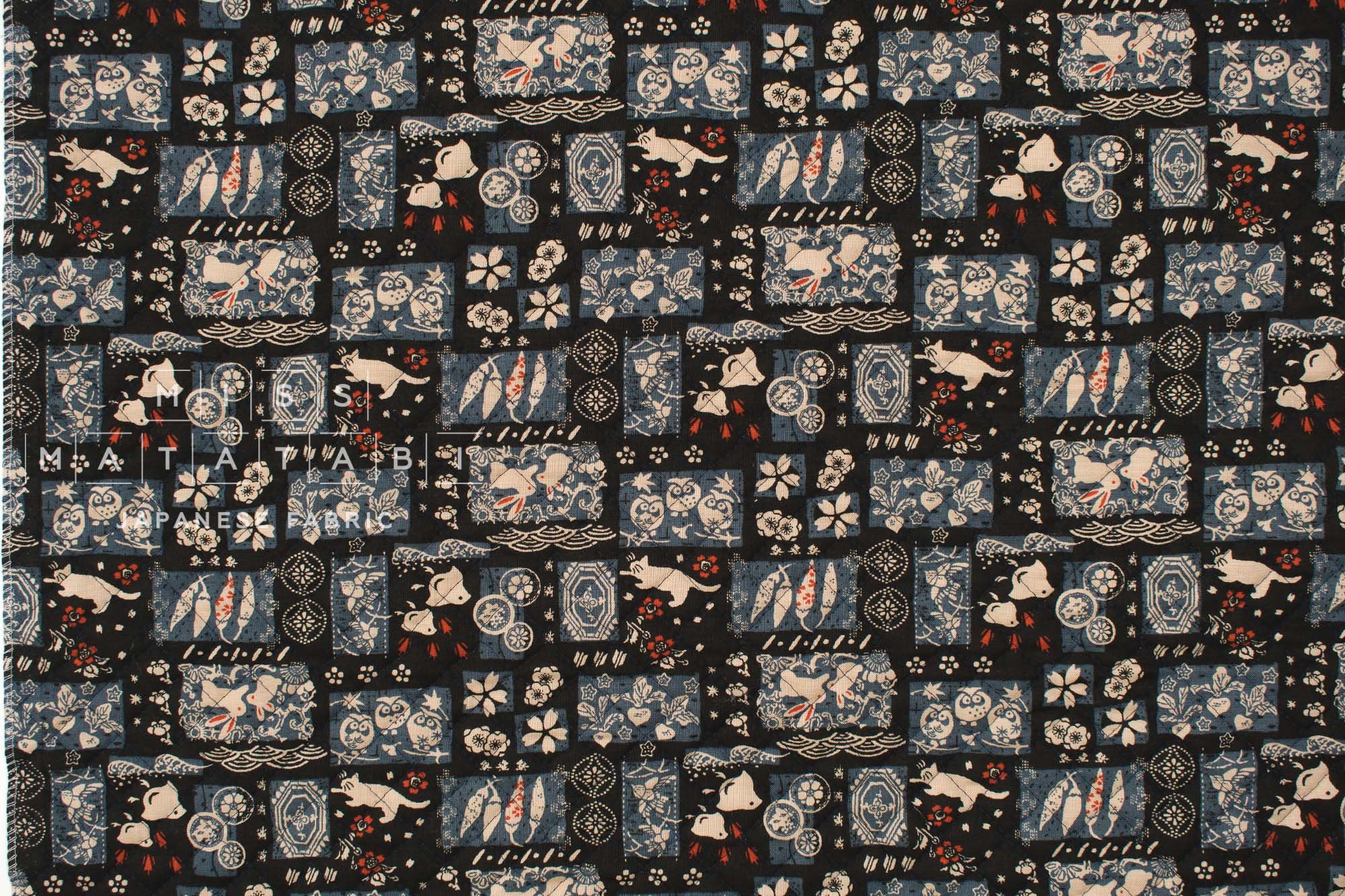 Japanese Quilted Cotton Wa Cats III - black, blue, grey - 50cm
