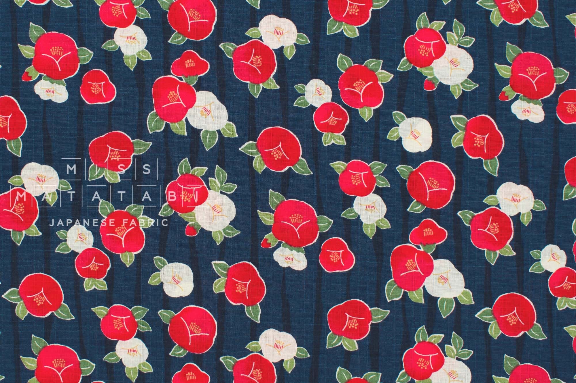 Japanese Fabric Tsubaki Camellia - blue - 50cm