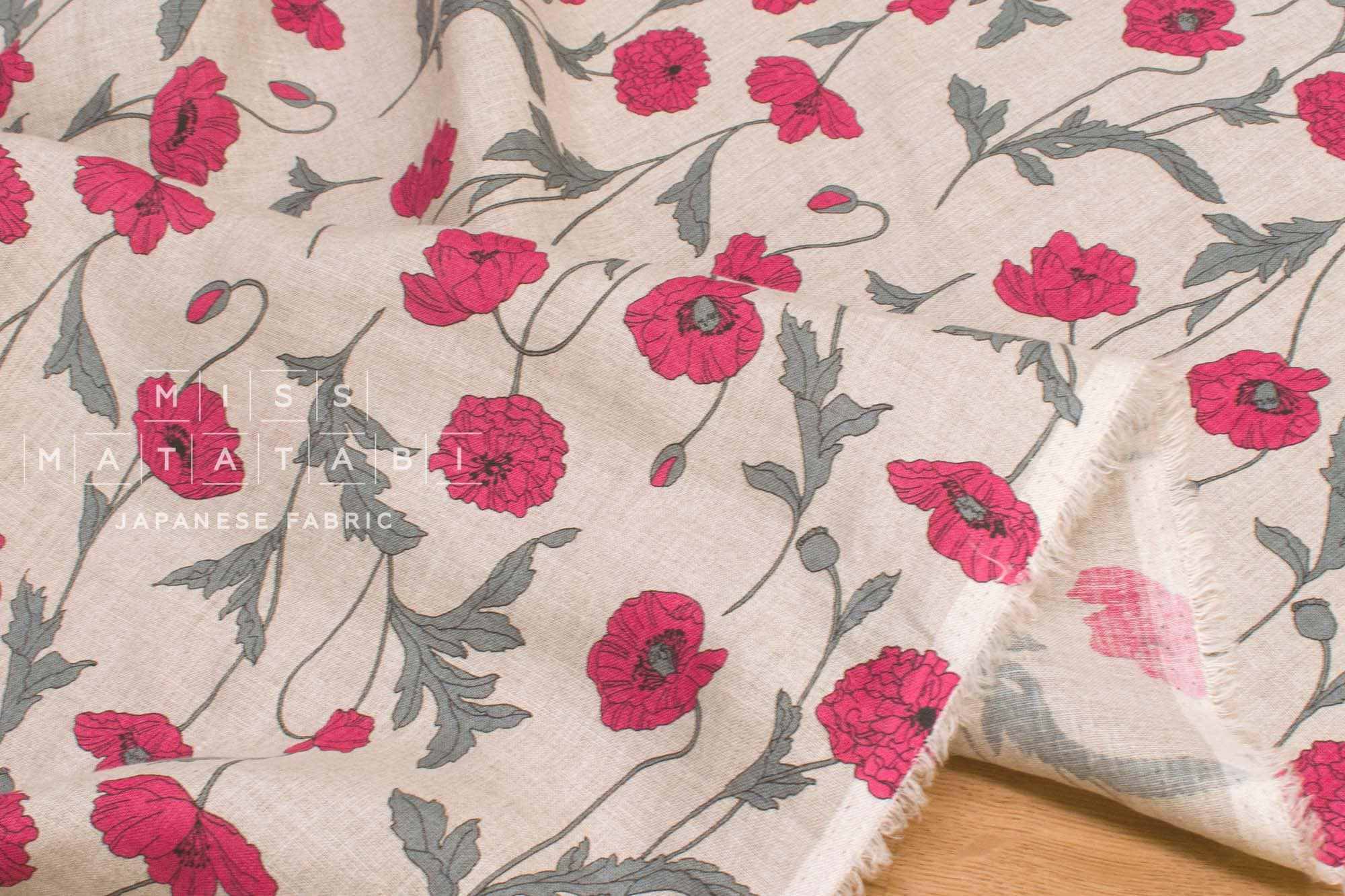 Japanese Fabric 100% linen Hokkoh Poppies III - pink -  50cm