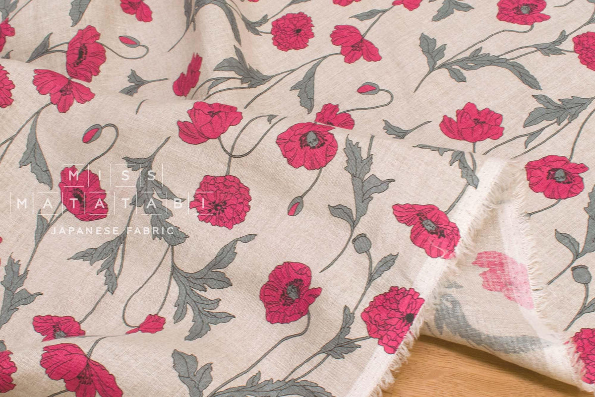 Japanese Fabric 100% linen Hokkoh Poppies III - pink -  50cm