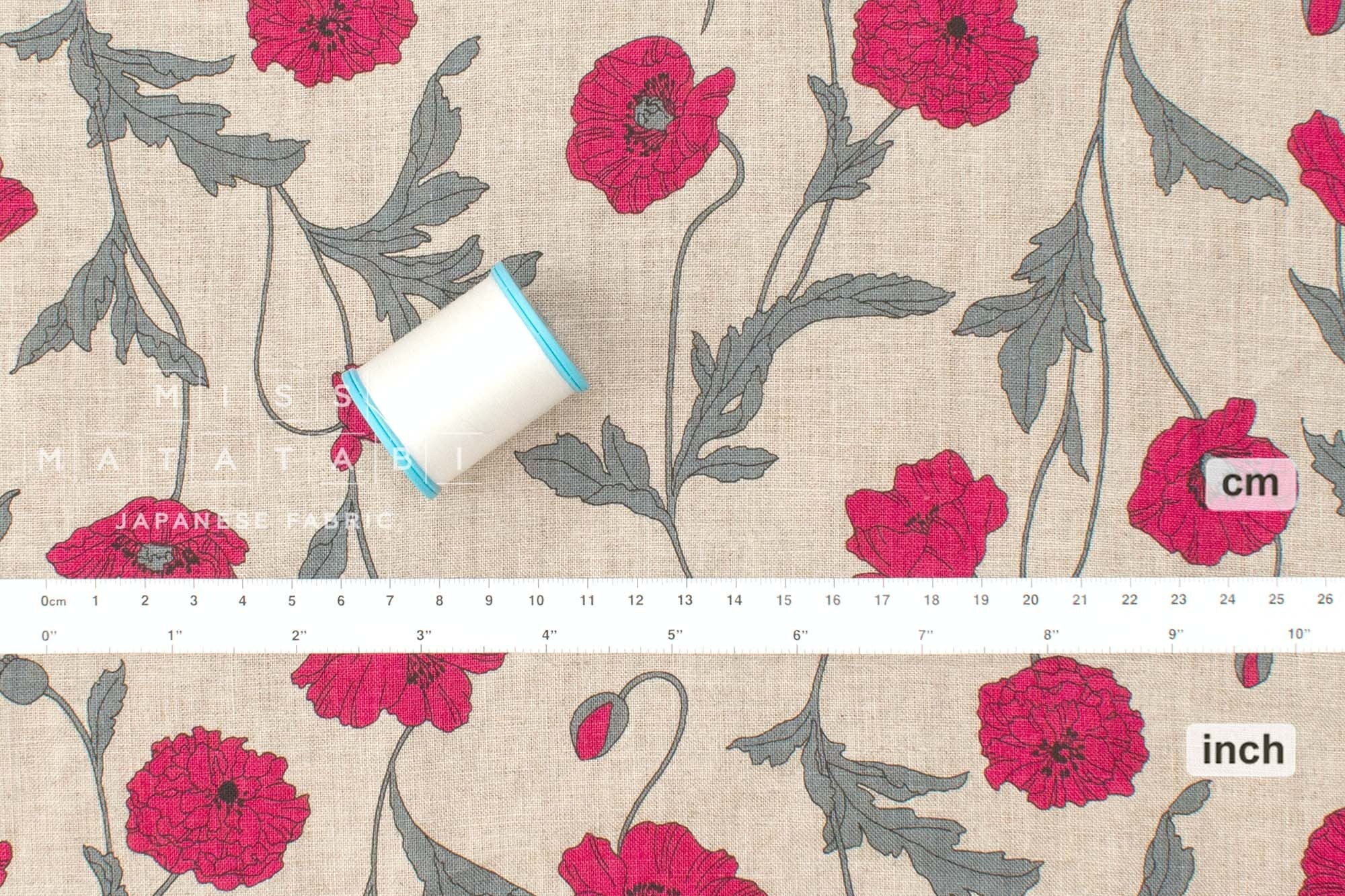 Japanese Fabric 100% linen Hokkoh Poppies III - pink -  50cm