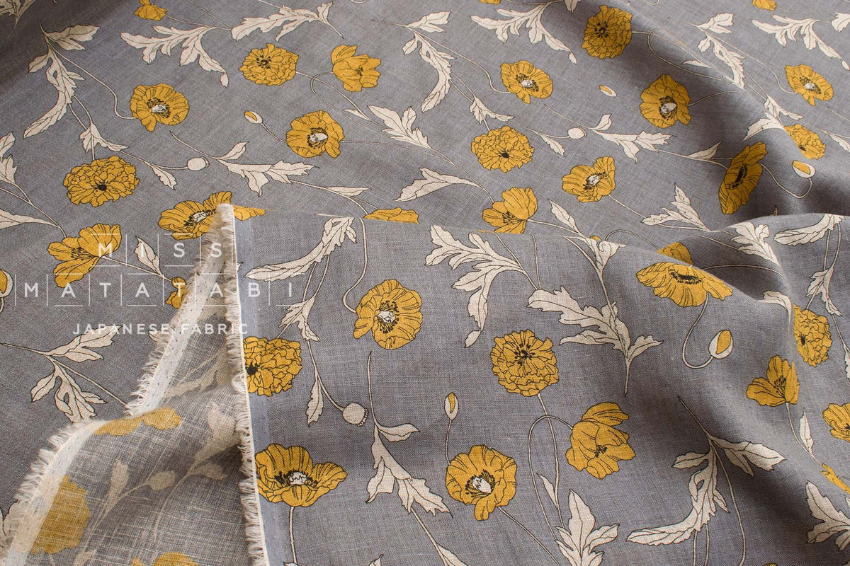 Japanese Fabric 100% linen Hokkoh Poppies III - yellow, grey -  50cm