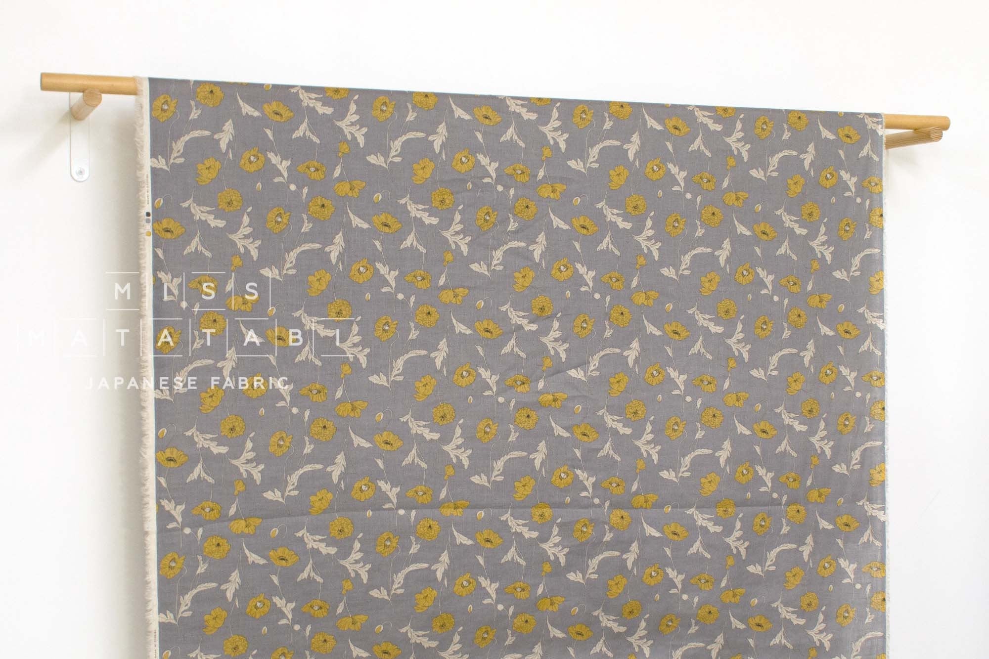 Japanese Fabric 100% linen Hokkoh Poppies III - yellow, grey -  50cm