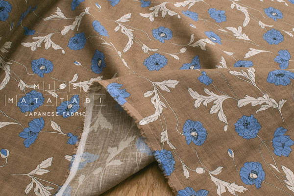 Japanese Fabric 100% linen Hokkoh Poppies III - blue, mocha -  50cm