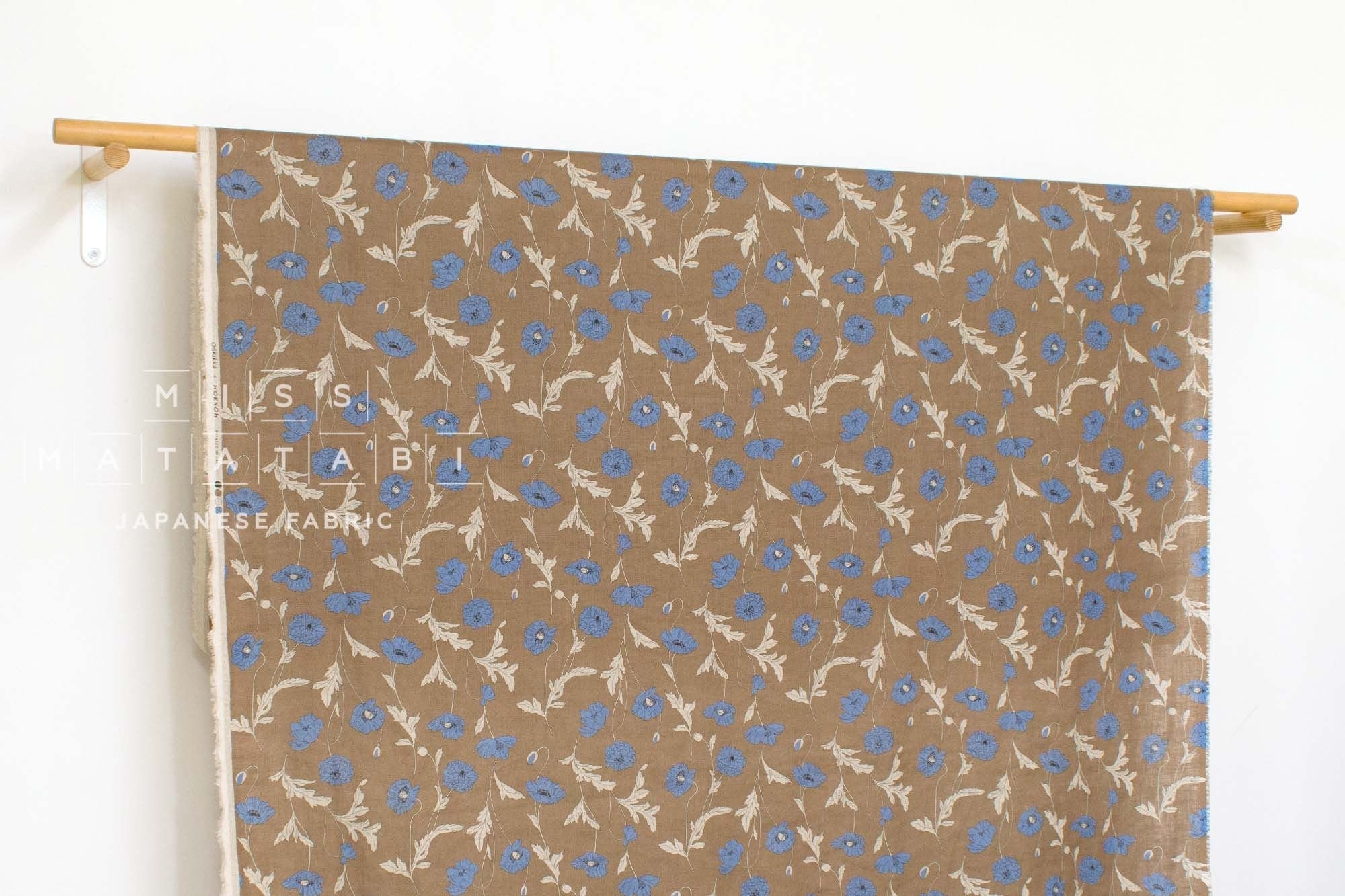 Japanese Fabric 100% linen Hokkoh Poppies III - blue, mocha -  50cm