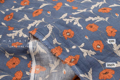 Japanese Fabric 100% linen Hokkoh Poppies III - blue, orange -  50cm