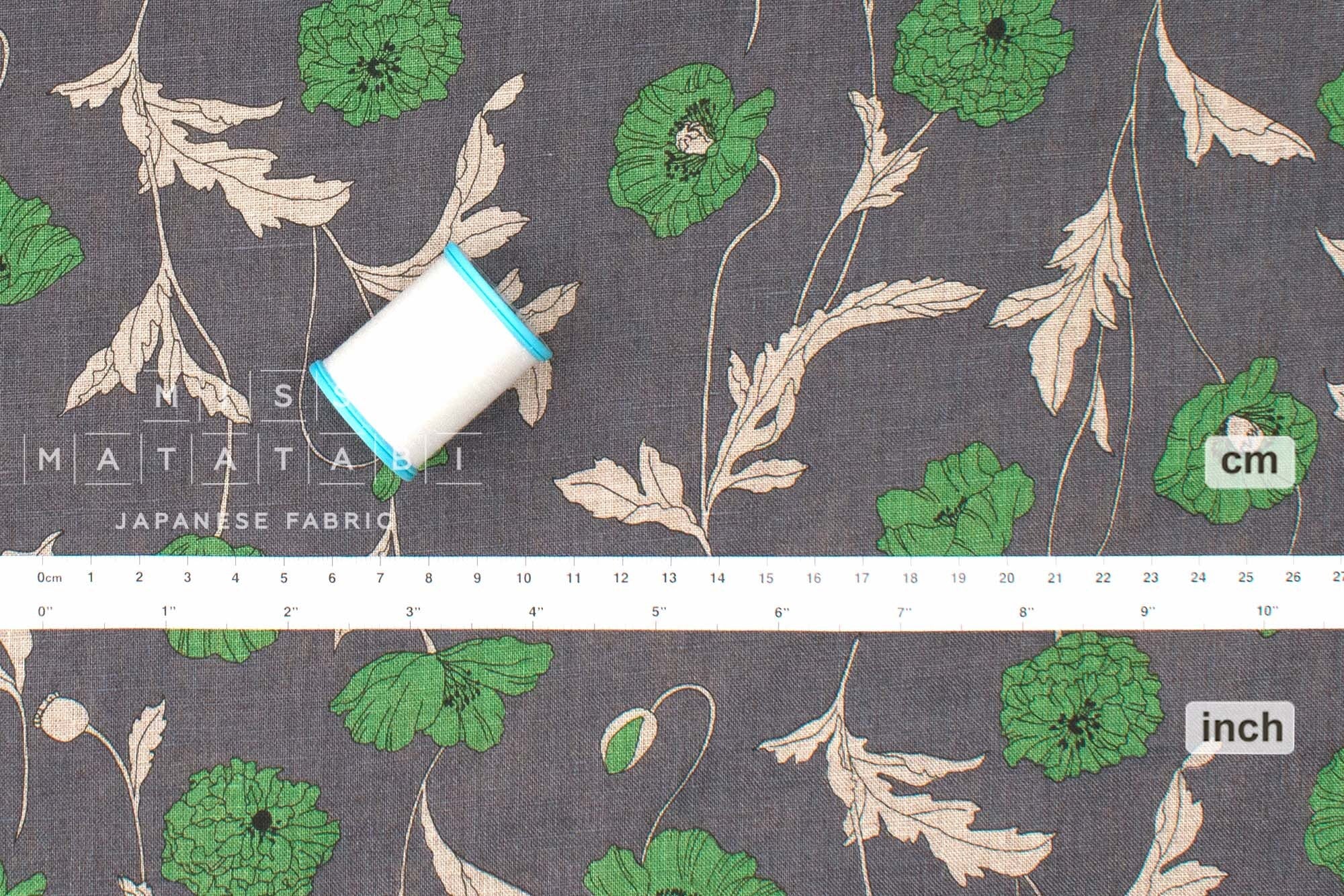 Japanese Fabric 100% linen Hokkoh Poppies III - green, grey -  50cm