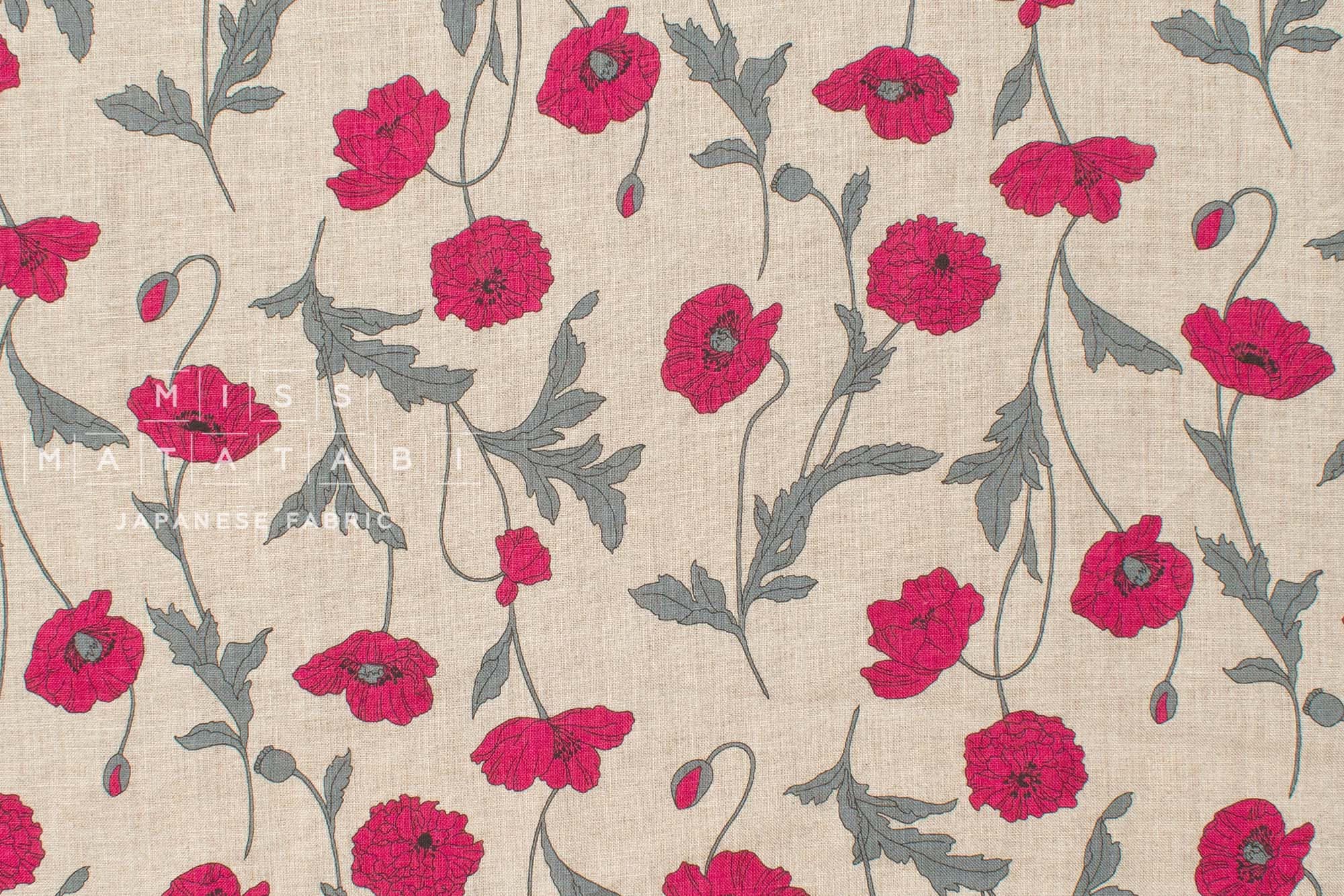 Japanese Fabric 100% linen Hokkoh Poppies III - pink -  50cm