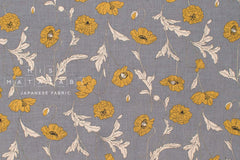 Japanese Fabric 100% linen Hokkoh Poppies III - yellow, grey -  50cm