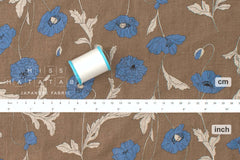 Japanese Fabric 100% linen Hokkoh Poppies III - blue, mocha -  50cm