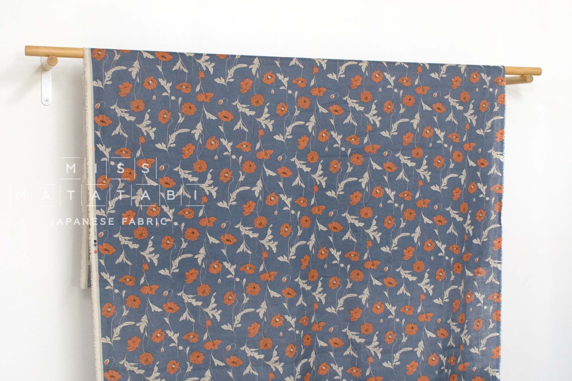 Japanese Fabric 100% linen Hokkoh Poppies III - blue, orange -  50cm