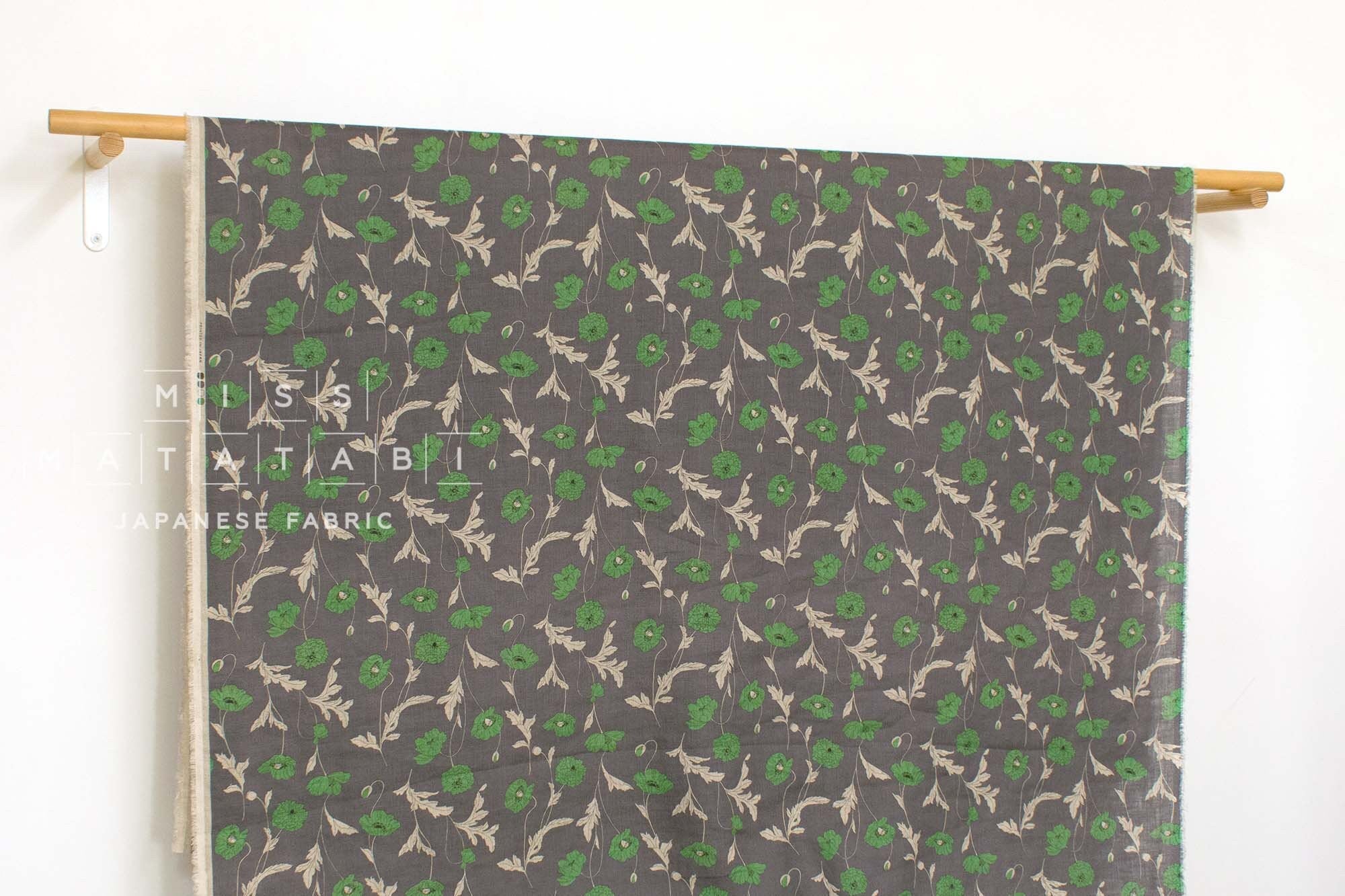 Japanese Fabric 100% linen Hokkoh Poppies III - green, grey -  50cm