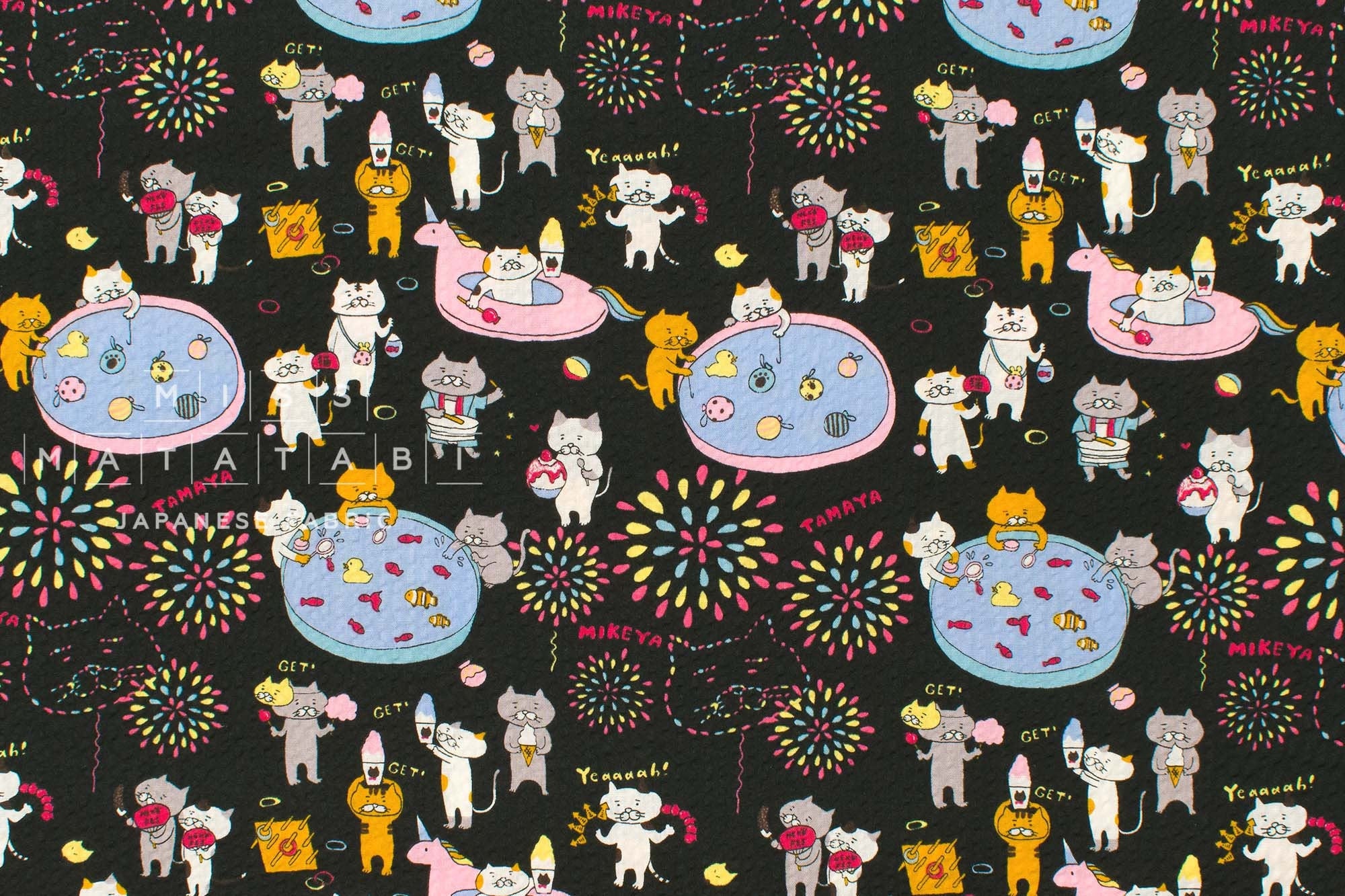 Japanese Fabric Cotton Seersucker Summer Festival Cats - E - 50cm