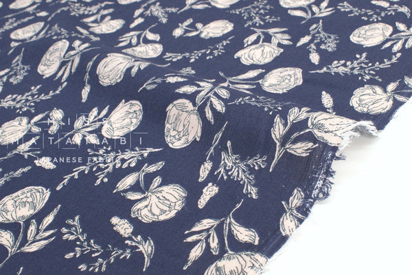 Japanese Fabric Takashima Chijimi Crepe In Bloom - navy blue - 50cm