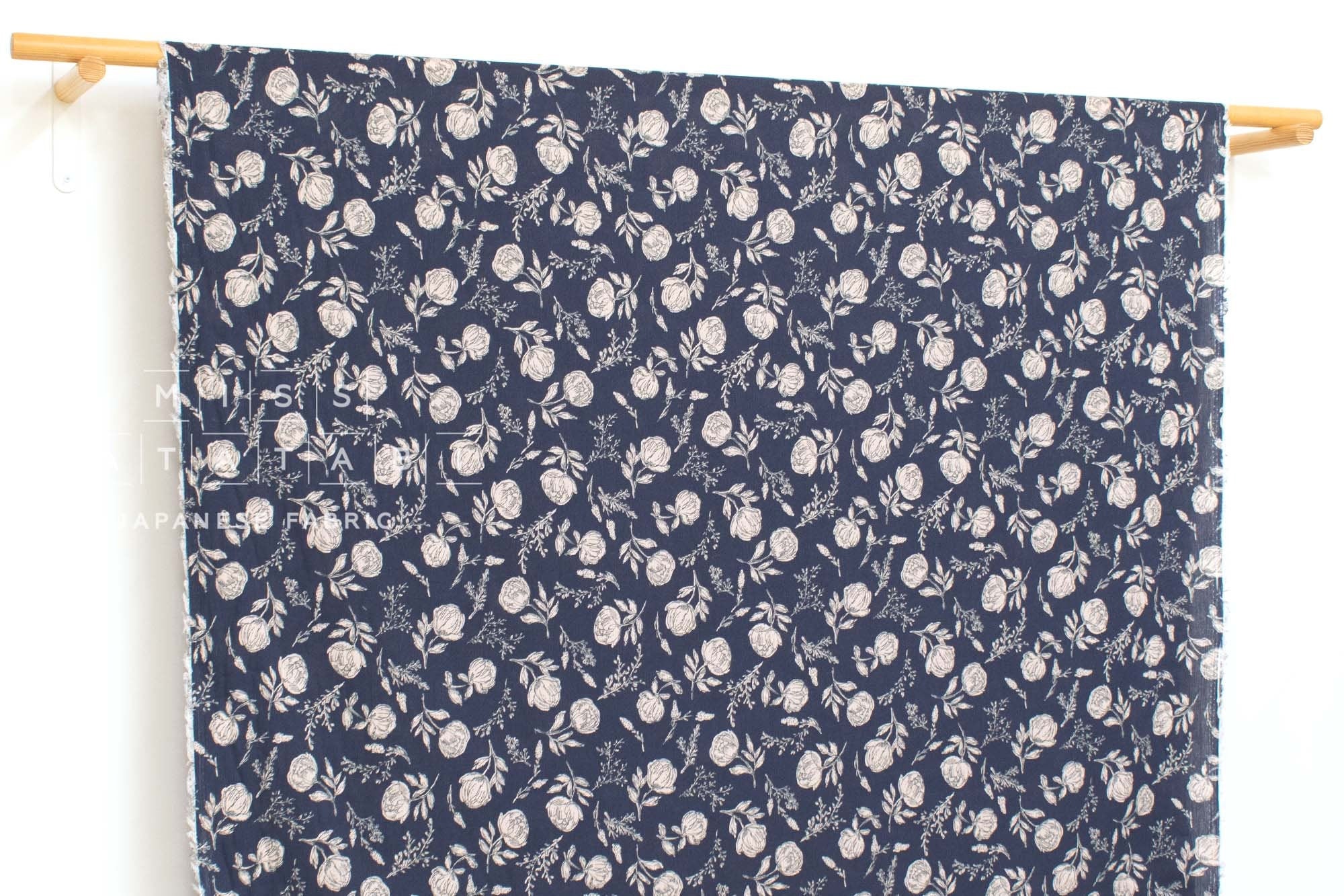 Japanese Fabric Takashima Chijimi Crepe In Bloom - navy blue - 50cm