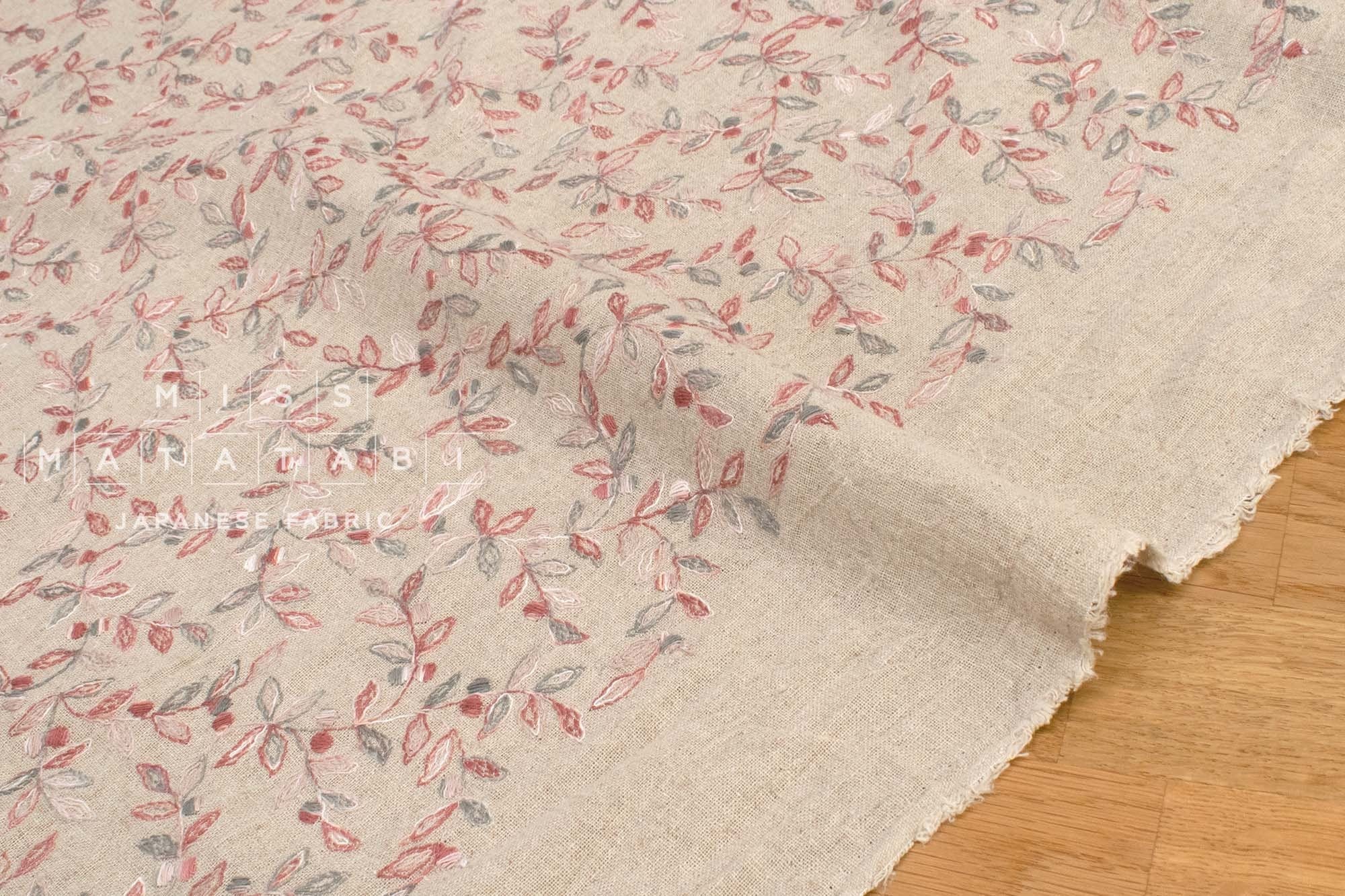 Japanese Fabric Shokunin Collection Yarn-Dyed Sun-Dried Kasuri Embroidered Linen Blend - pink red, grey -  50cm