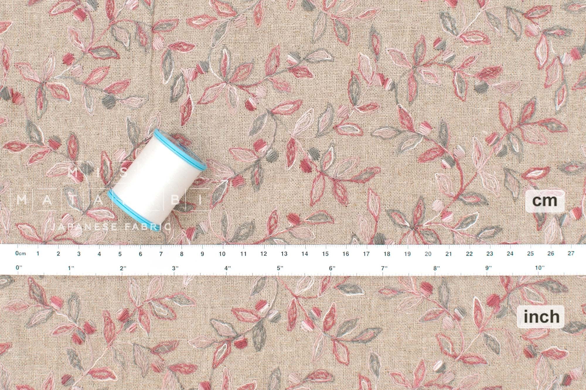 Japanese Fabric Shokunin Collection Yarn-Dyed Sun-Dried Kasuri Embroidered Linen Blend - pink red, grey -  50cm