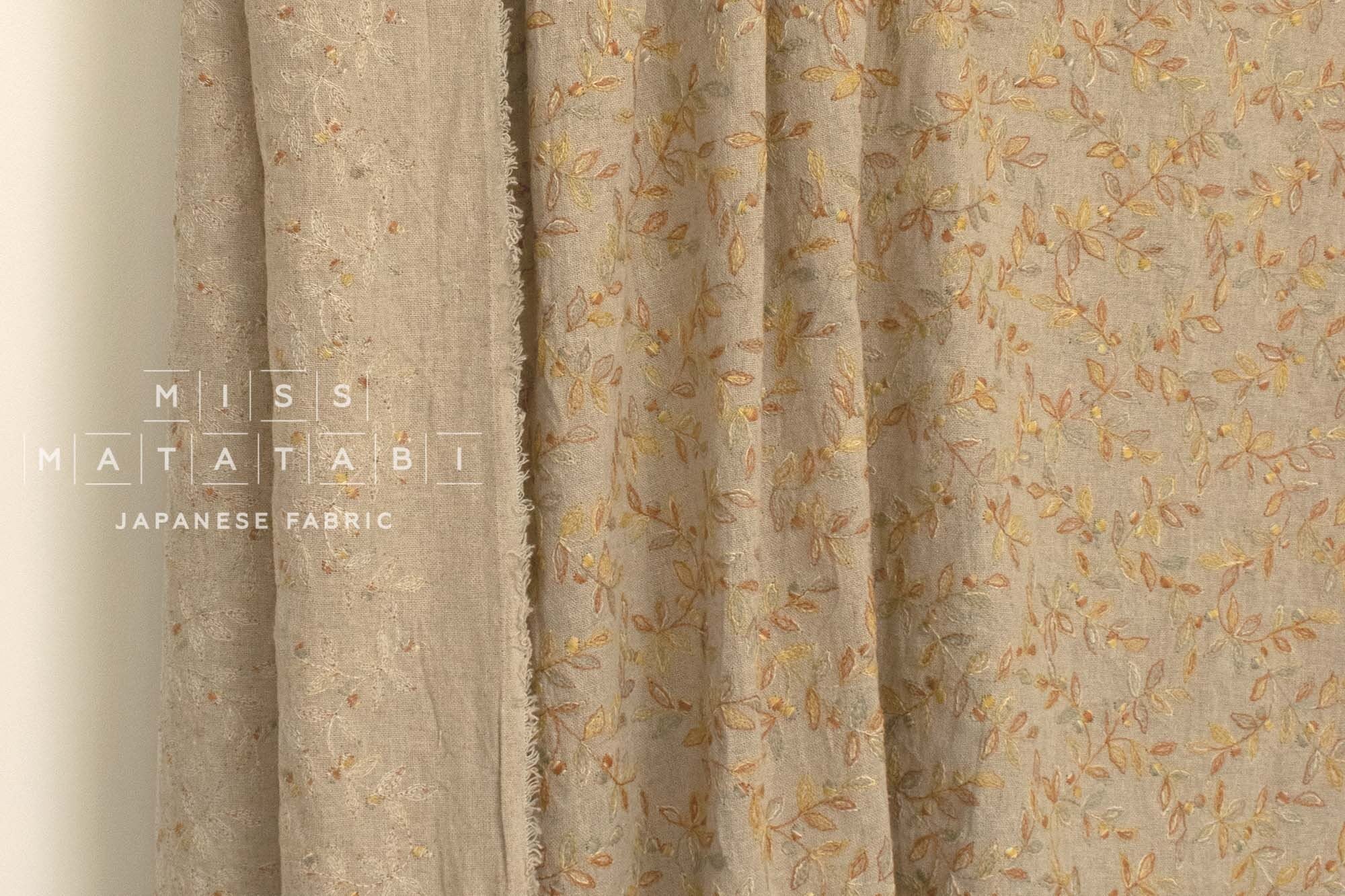 Japanese Fabric Shokunin Collection Yarn-Dyed Sun-Dried Kasuri Embroidered Linen Blend - soft yellow -  50cm