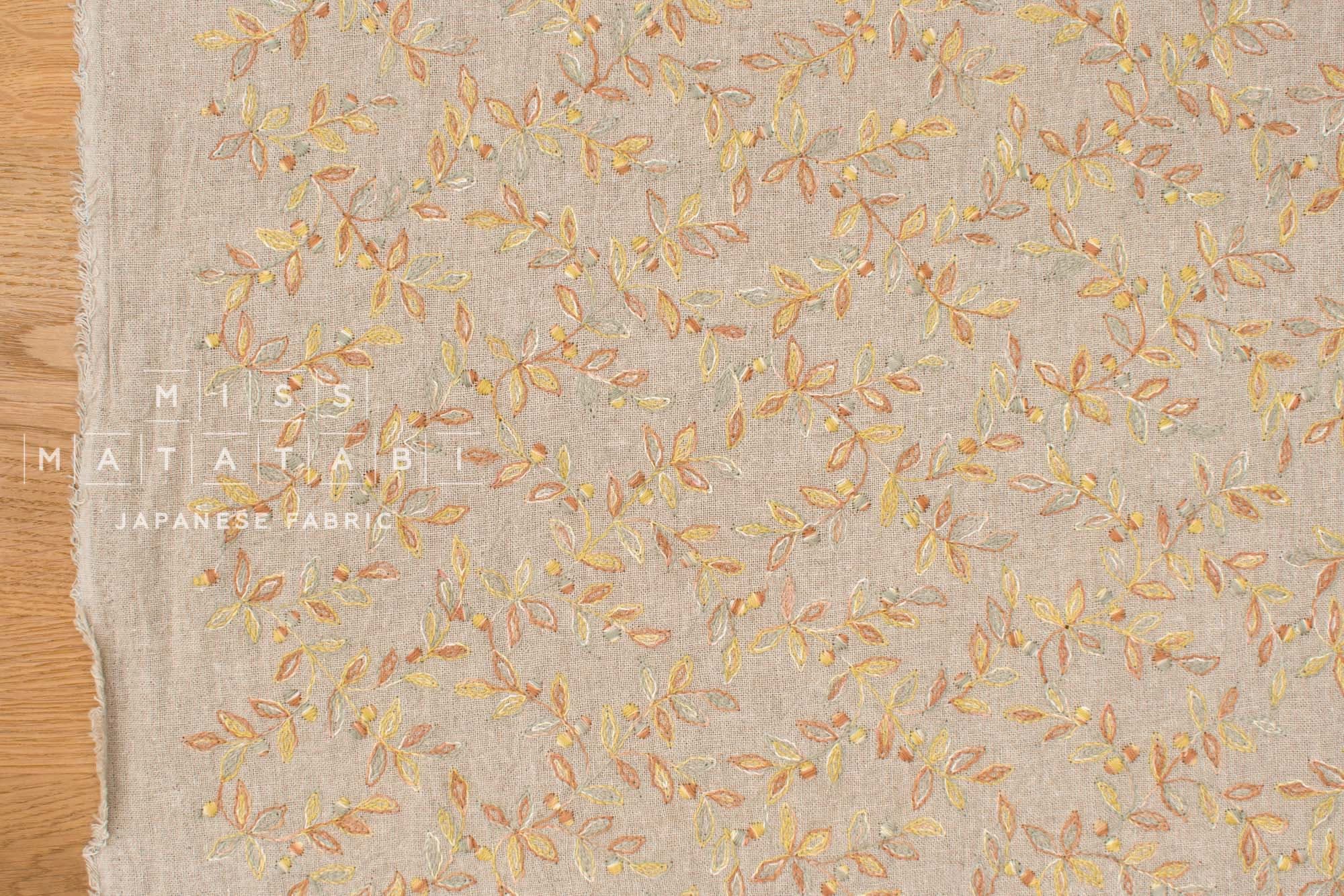 Japanese Fabric Shokunin Collection Yarn-Dyed Sun-Dried Kasuri Embroidered Linen Blend - soft yellow -  50cm