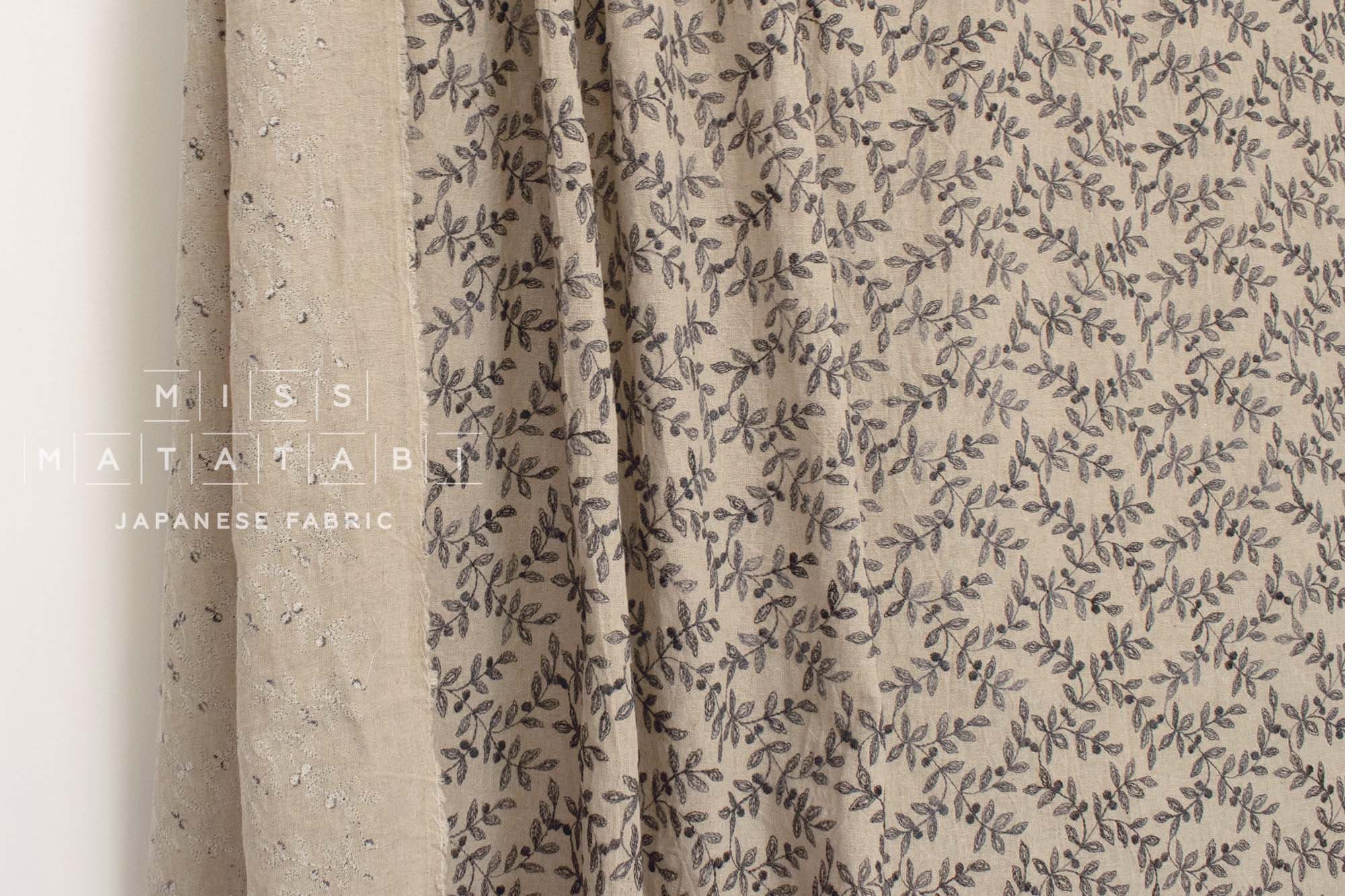 Japanese Fabric Shokunin Collection Yarn-Dyed Sun-Dried Kasuri Embroidered Linen Blend - charcoal black -  50cm