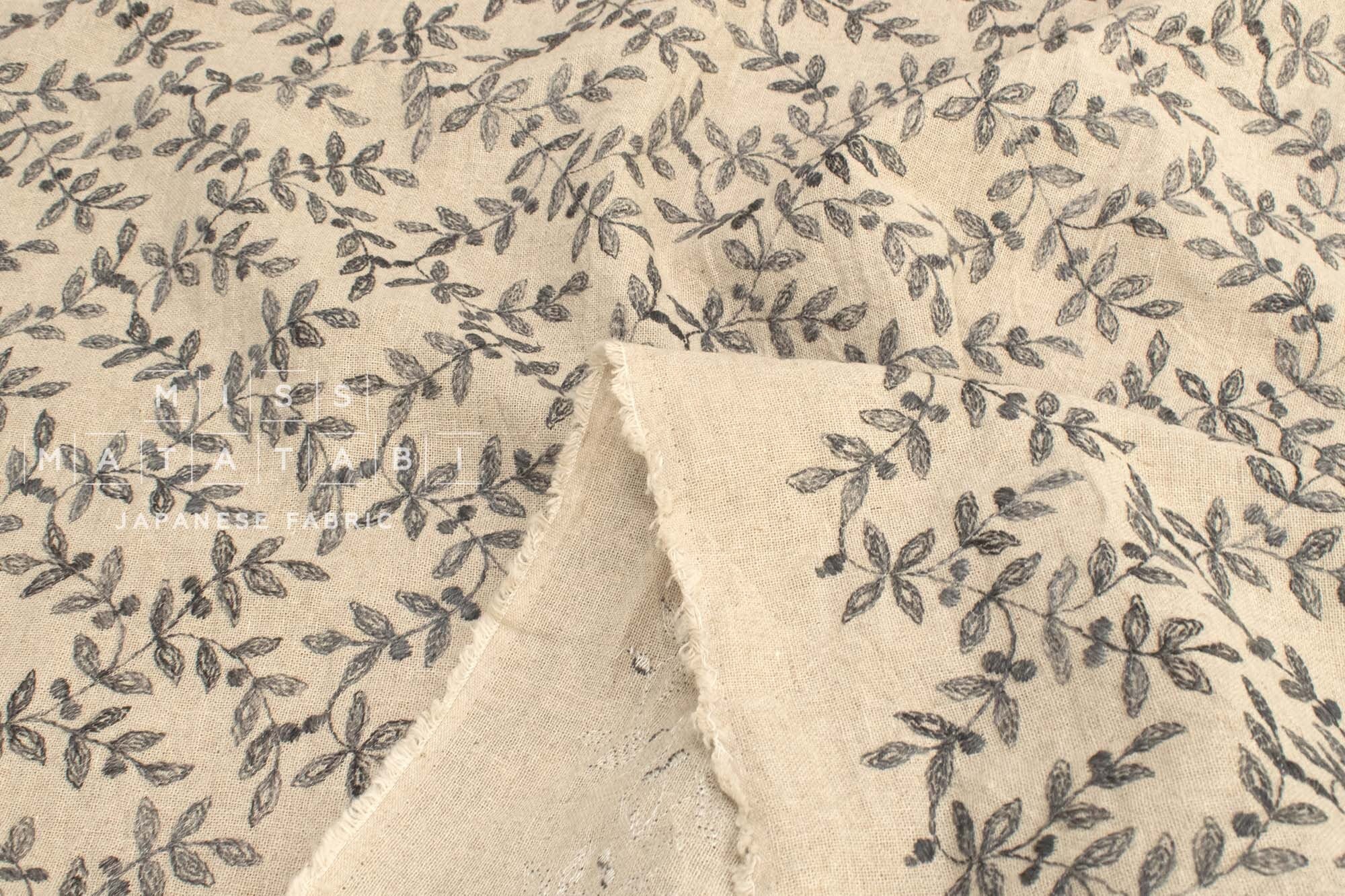 Japanese Fabric Shokunin Collection Yarn-Dyed Sun-Dried Kasuri Embroidered Linen Blend - charcoal black -  50cm