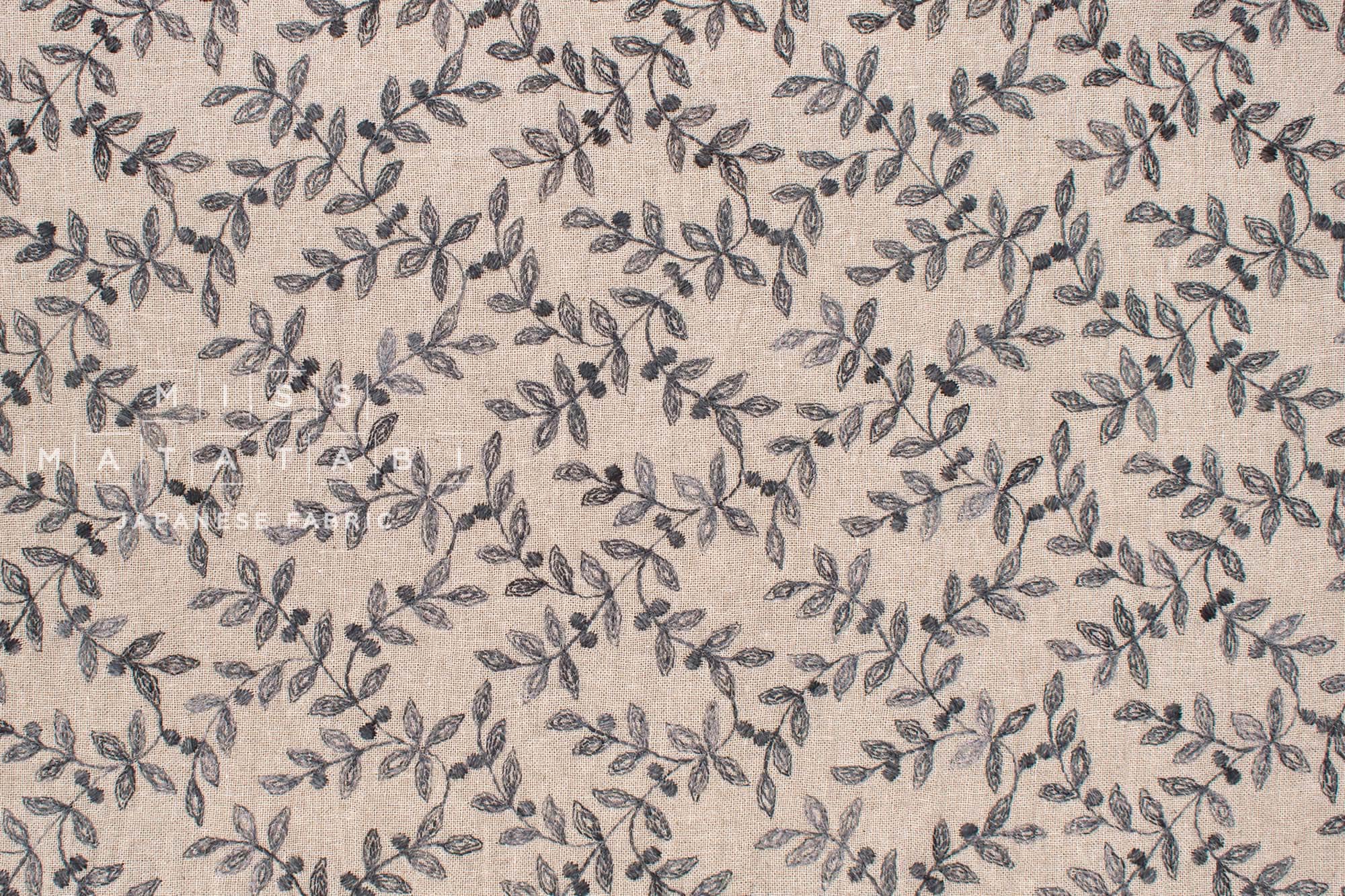 Japanese Fabric Shokunin Collection Yarn-Dyed Sun-Dried Kasuri Embroidered Linen Blend - charcoal black -  50cm