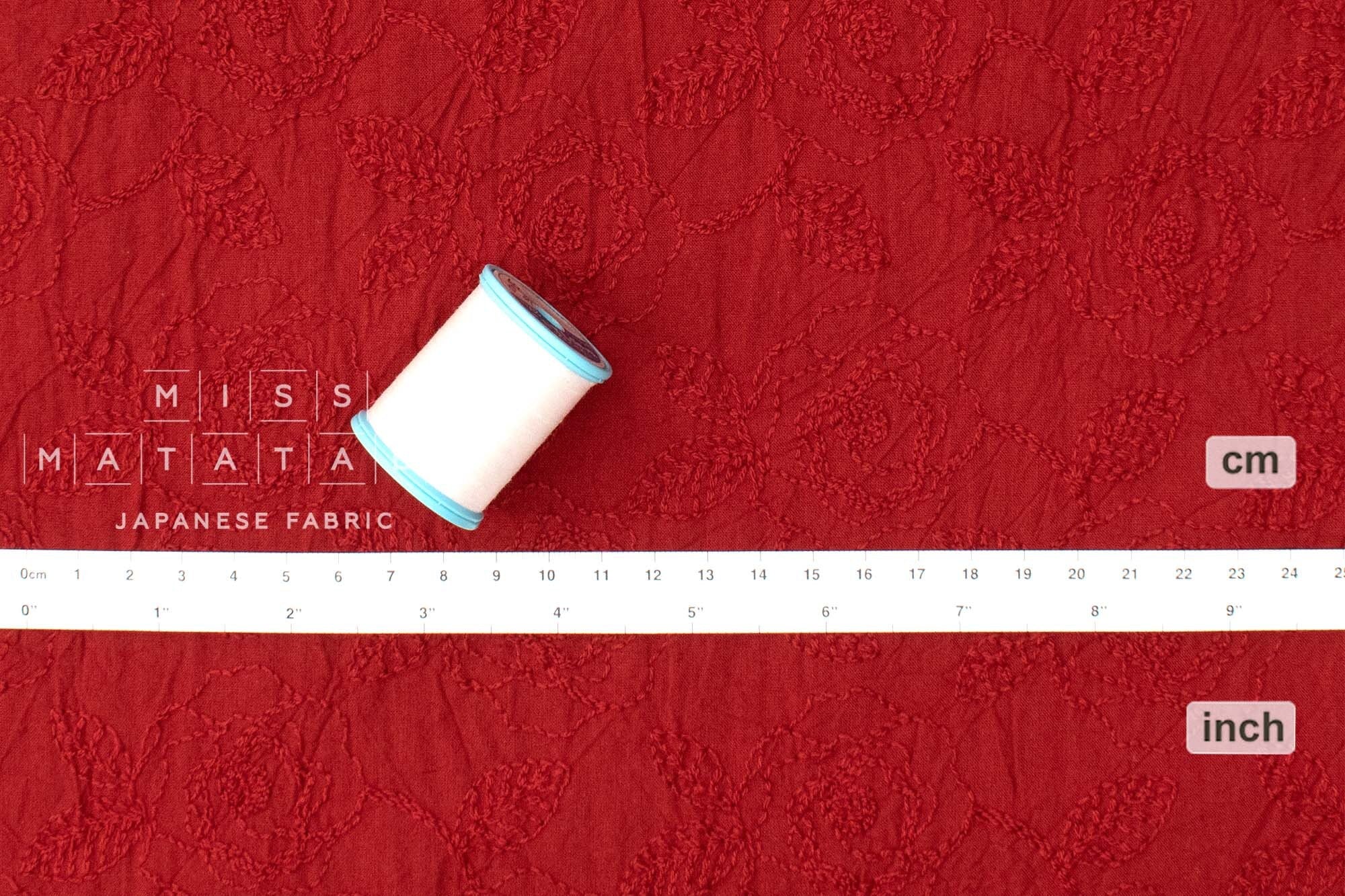 Japanese Fabric Shokunin Collection Sun-Dried Embroidered Rose Cotton Batiste - brick red - 50cm