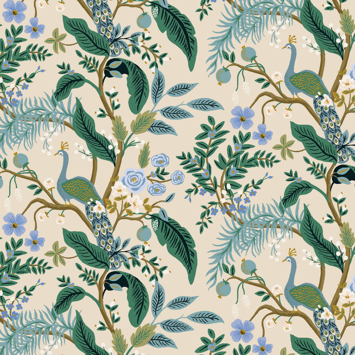Cotton + Steel Rifle Paper Co. Vintage Garden Peacock - cream metallic - 50cm