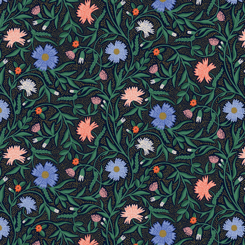 Cotton + Steel Rifle Paper Co. Vintage Garden Aster - navy metallic - 50cm