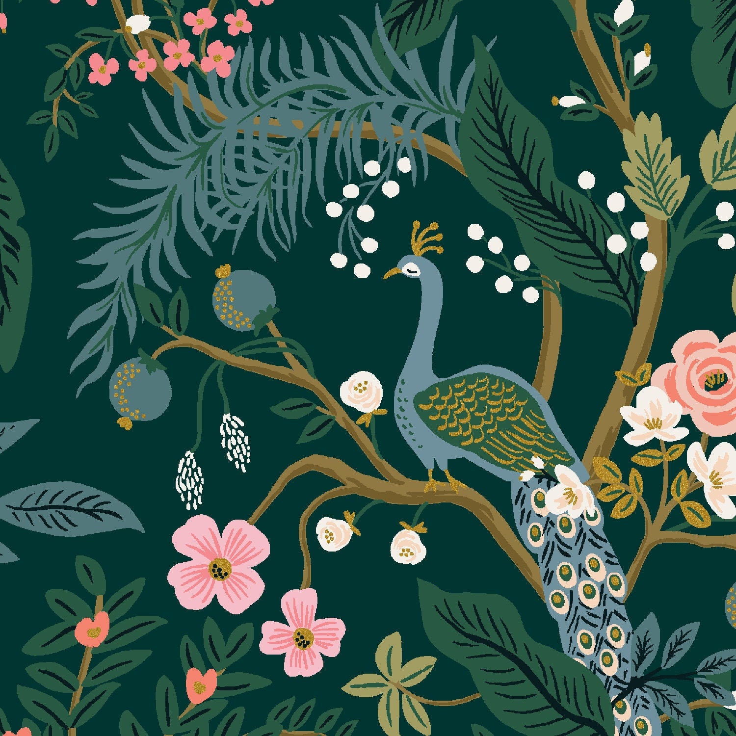 Cotton + Steel Rifle Paper Co. Vintage Garden Peacock Canvas - hunter metallic - 50cm
