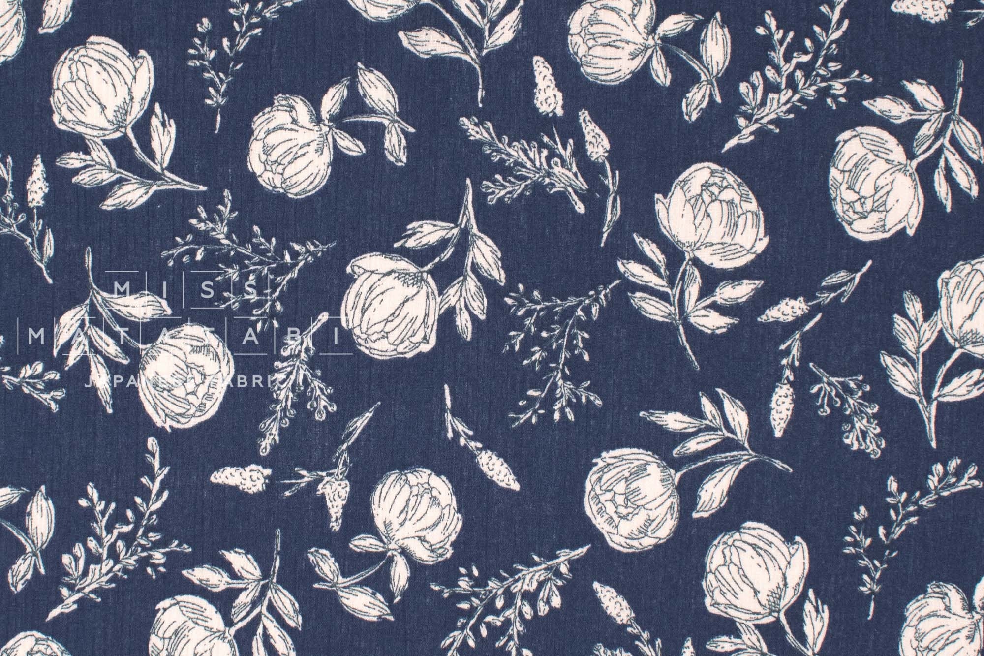 Japanese Fabric Takashima Chijimi Crepe In Bloom - navy blue - 50cm