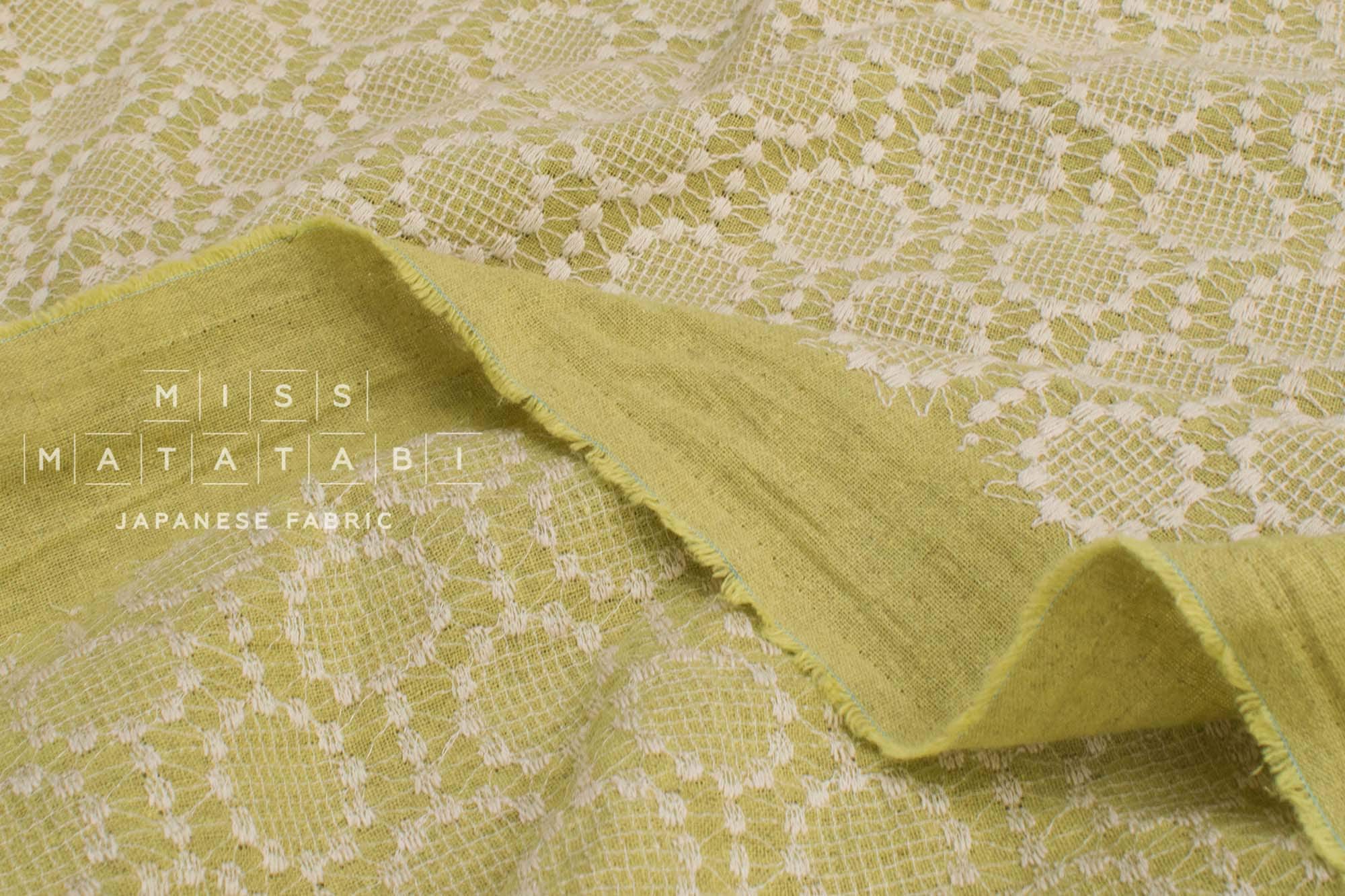 Japanese Fabric Shokunin Collection Sun-Dried Embroidered Linen Blend - pistachio green -  50cm