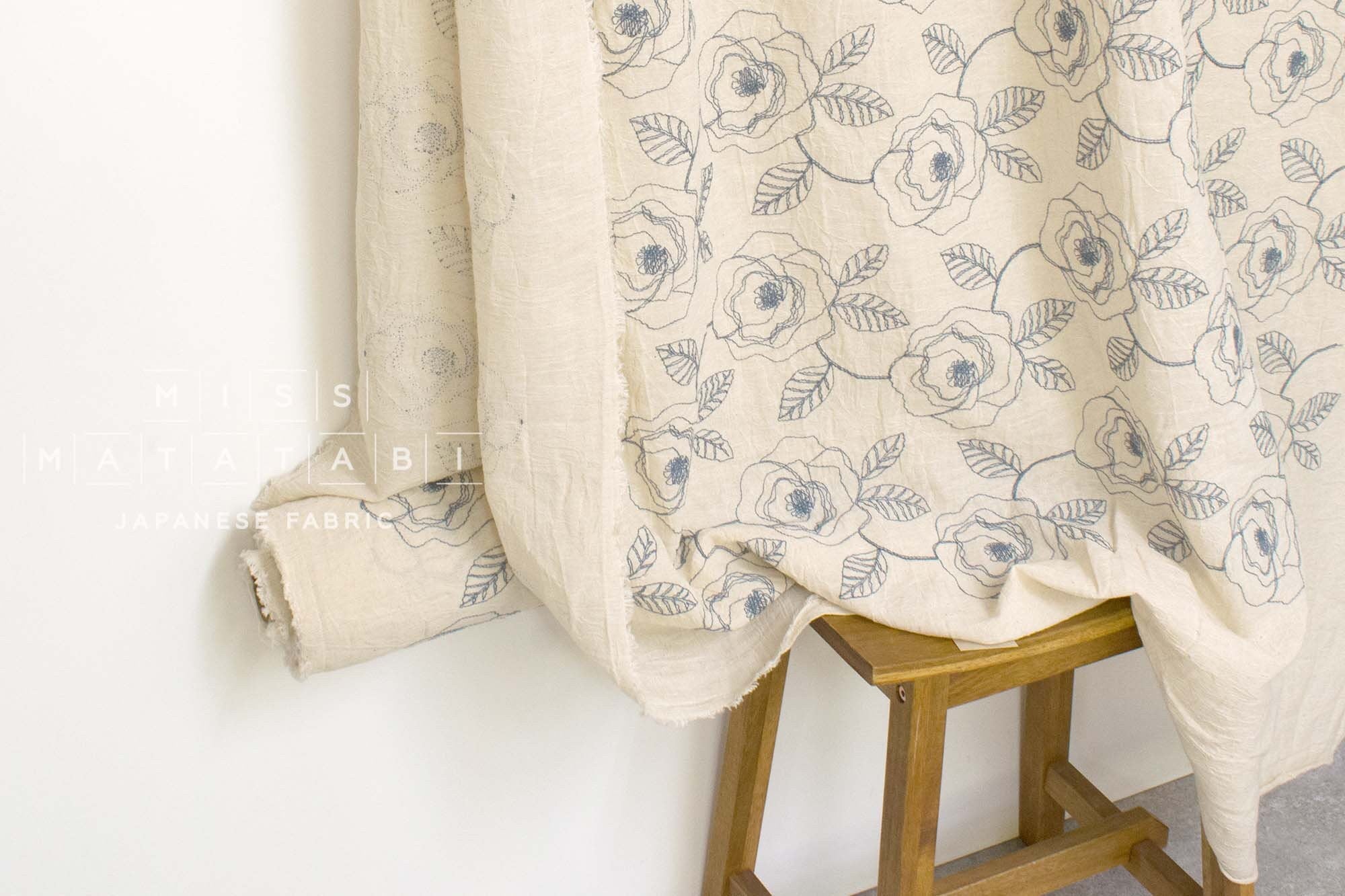 Japanese Fabric Shokunin Collection Yarn-Dyed Embroidered Linen Blend Voile - natural - 50cm