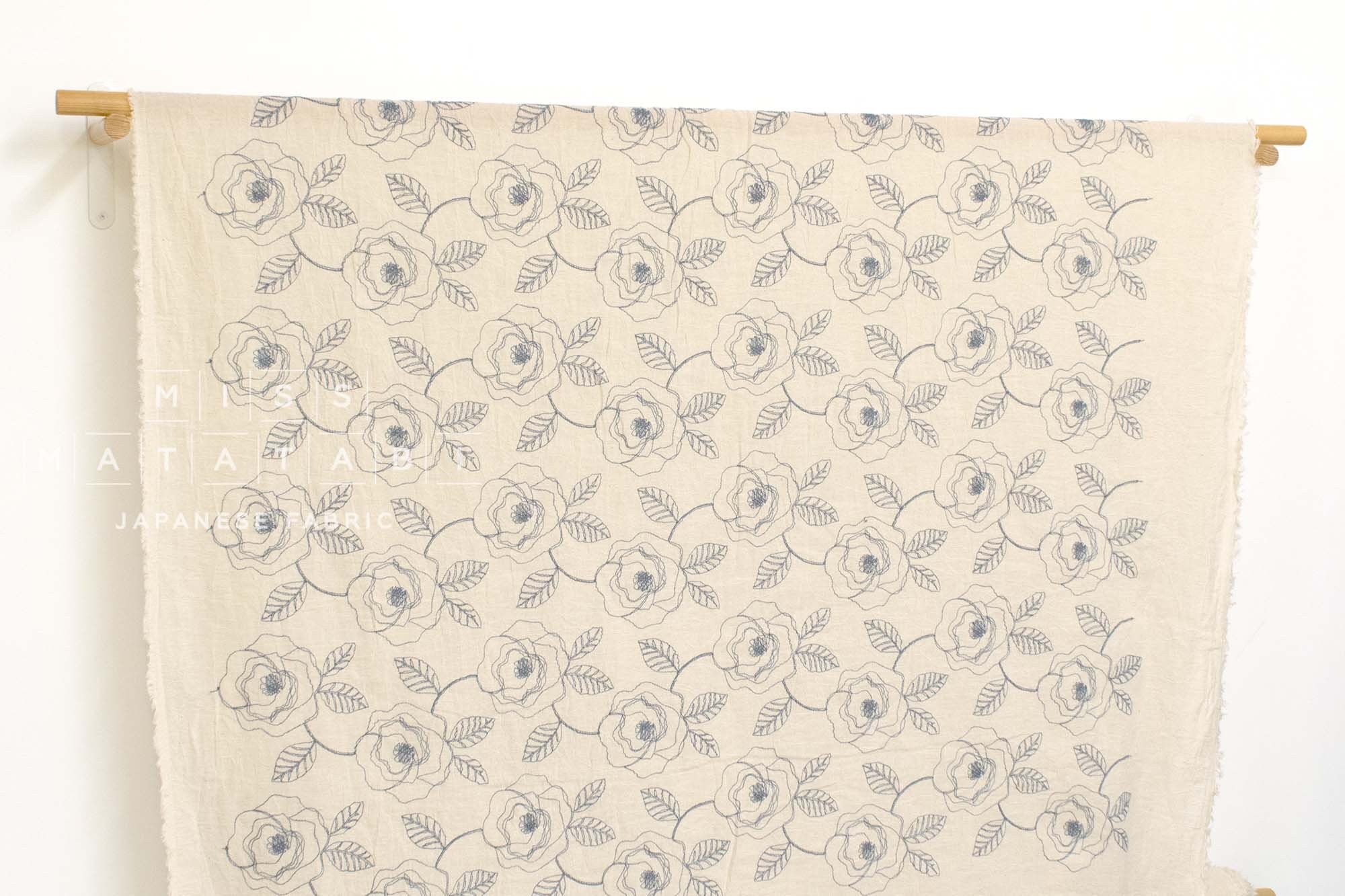Japanese Fabric Shokunin Collection Yarn-Dyed Embroidered Linen Blend Voile - natural - 50cm
