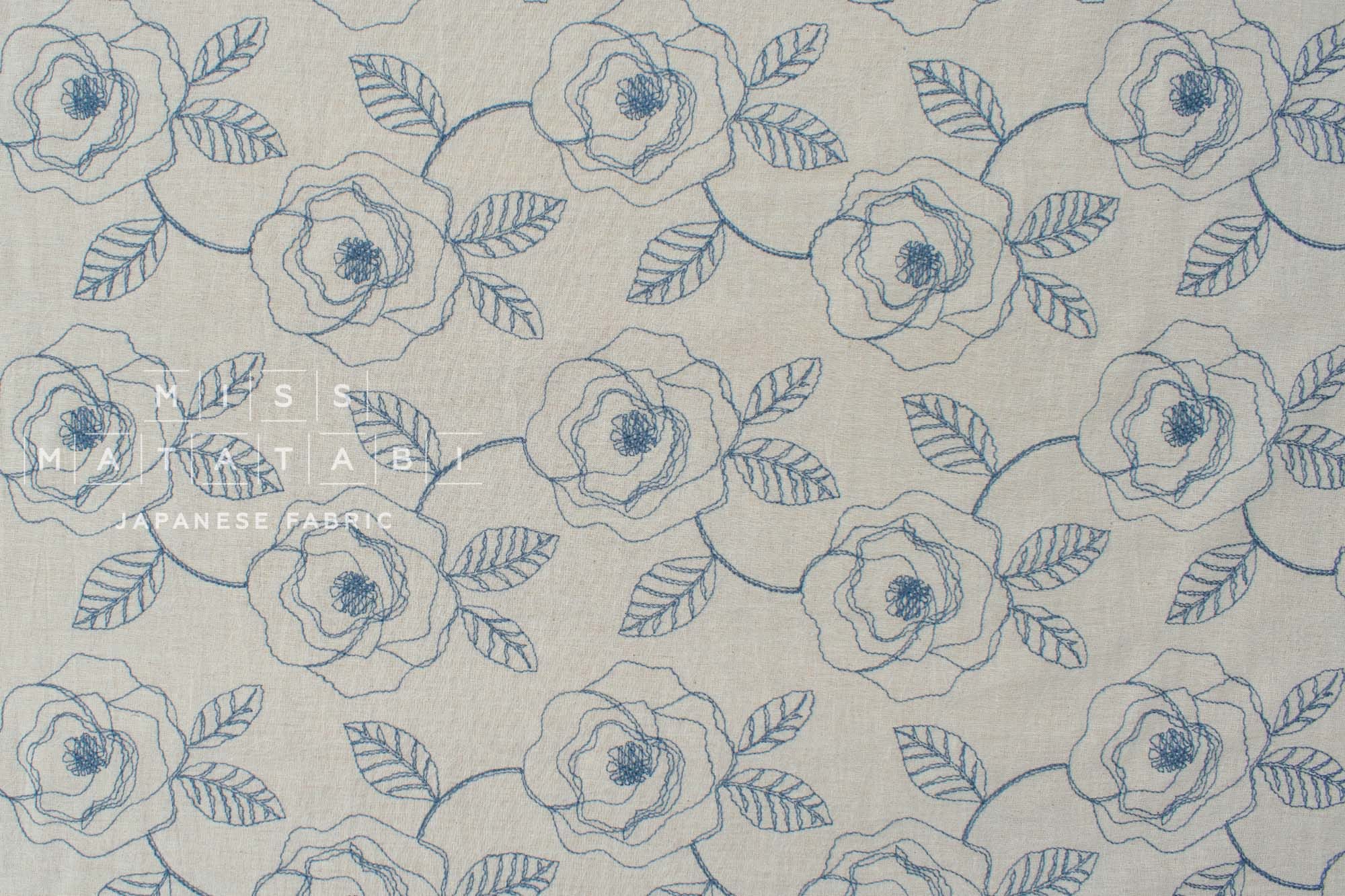 Japanese Fabric Shokunin Collection Yarn-Dyed Embroidered Linen Blend Voile - grey - 50cm