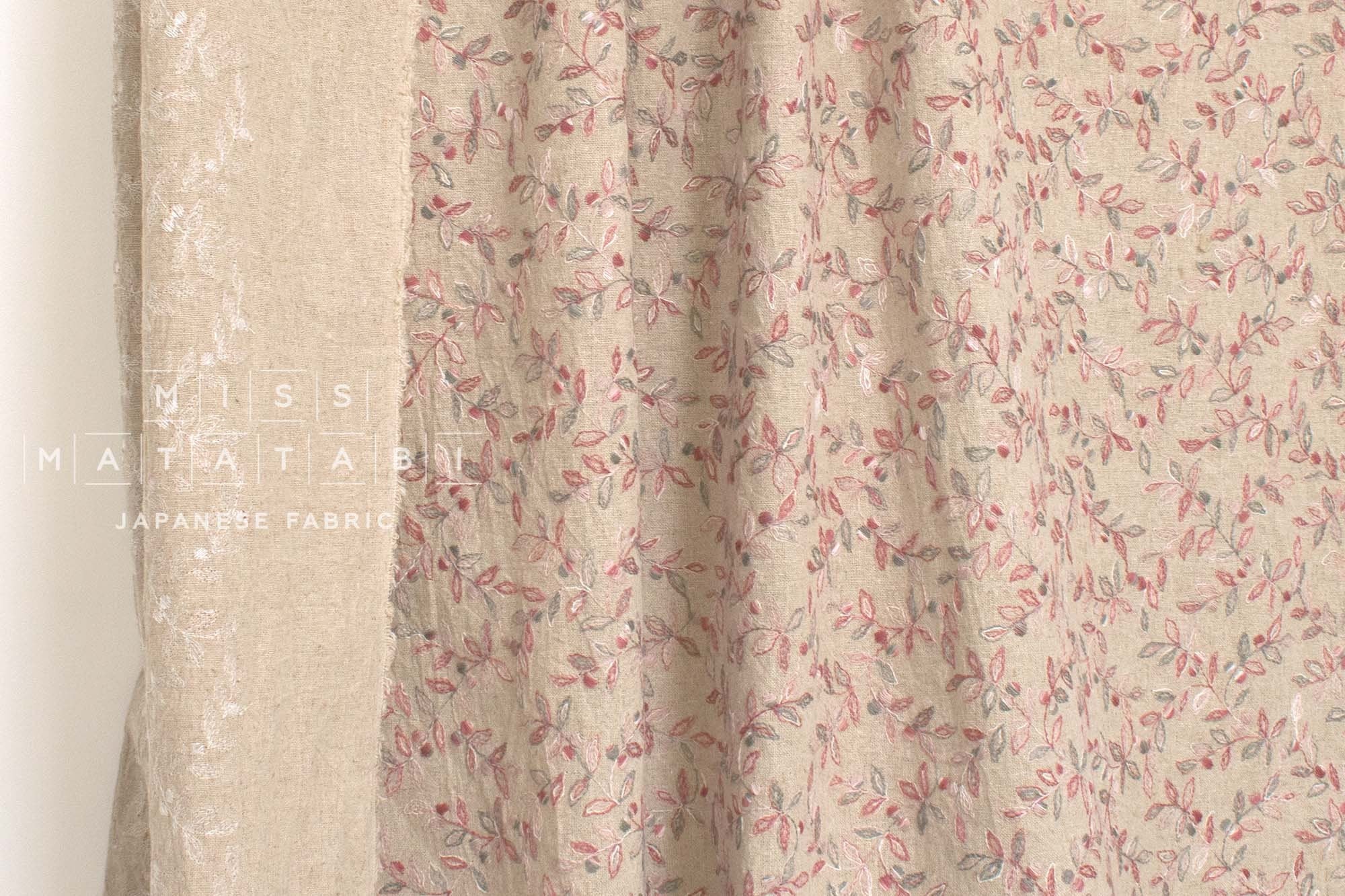 Japanese Fabric Shokunin Collection Yarn-Dyed Sun-Dried Kasuri Embroidered Linen Blend - pink red, grey -  50cm