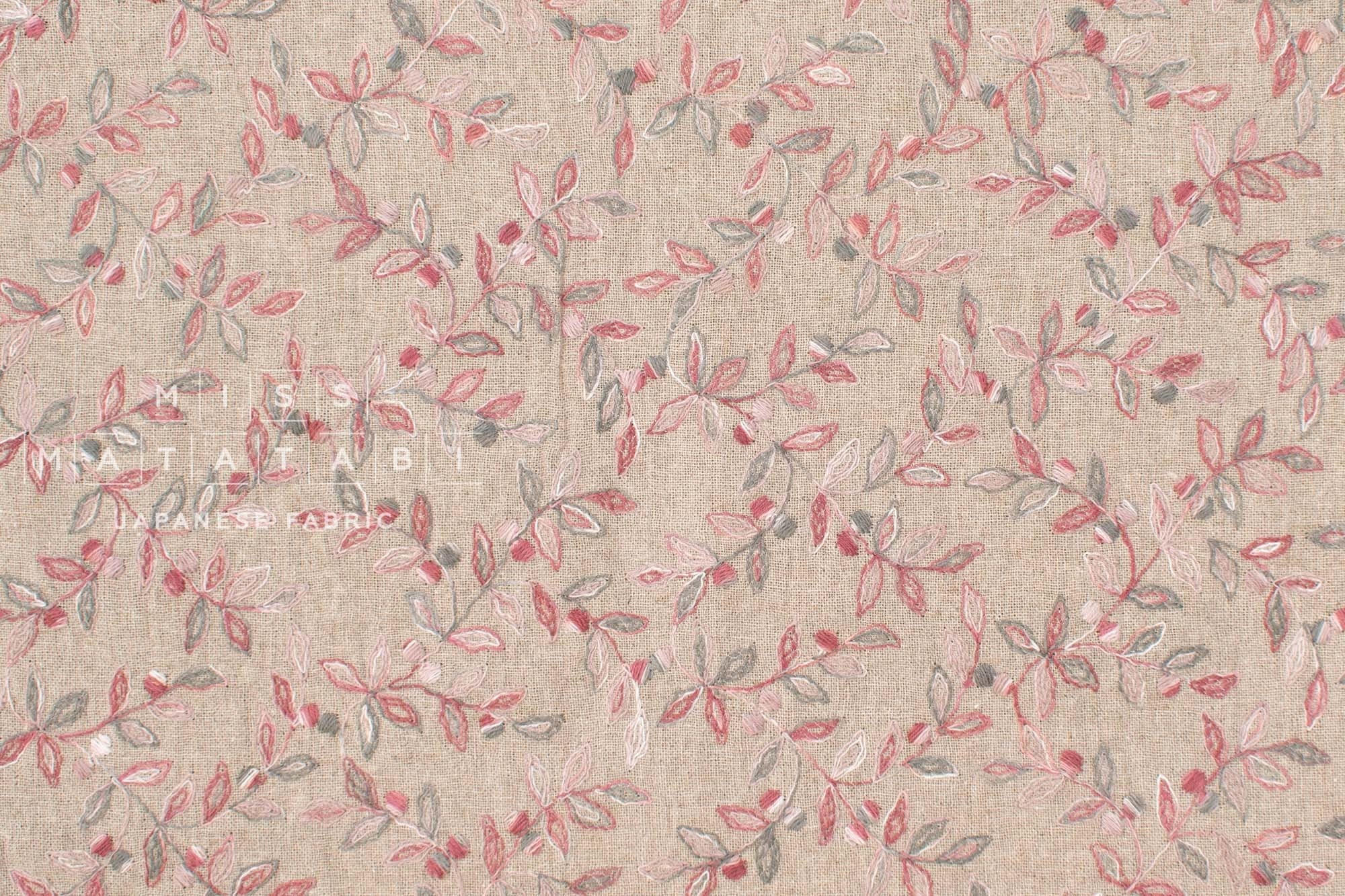 Japanese Fabric Shokunin Collection Yarn-Dyed Sun-Dried Kasuri Embroidered Linen Blend - pink red, grey -  50cm