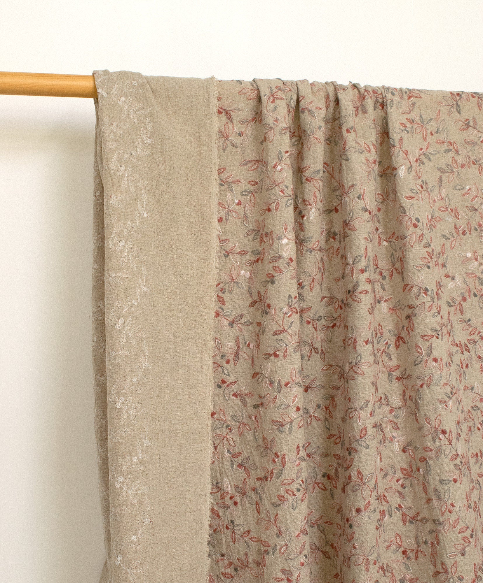 Japanese Fabric Shokunin Collection Yarn-Dyed Sun-Dried Kasuri Embroidered Linen Blend - pink red, grey -  50cm
